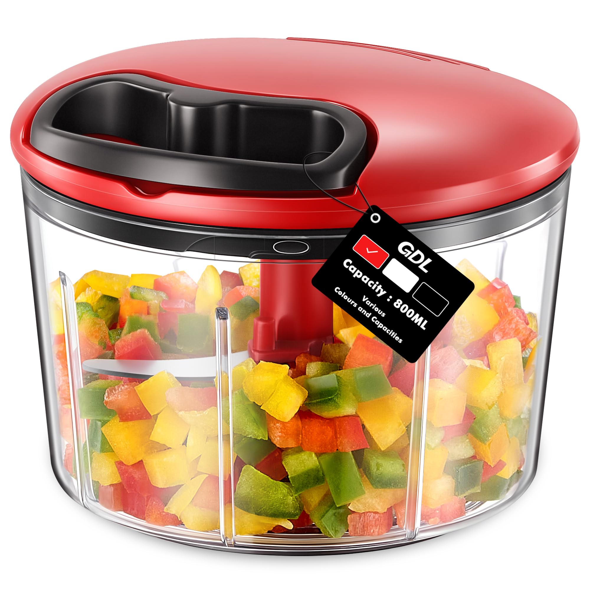 Food Chopper, Pull Onion Chopper Dicer, Hand Powered Food Chopper, Fast Cutting Hand Chopper Mincer for Onion, Garlic, Nut, 800 ML, Red