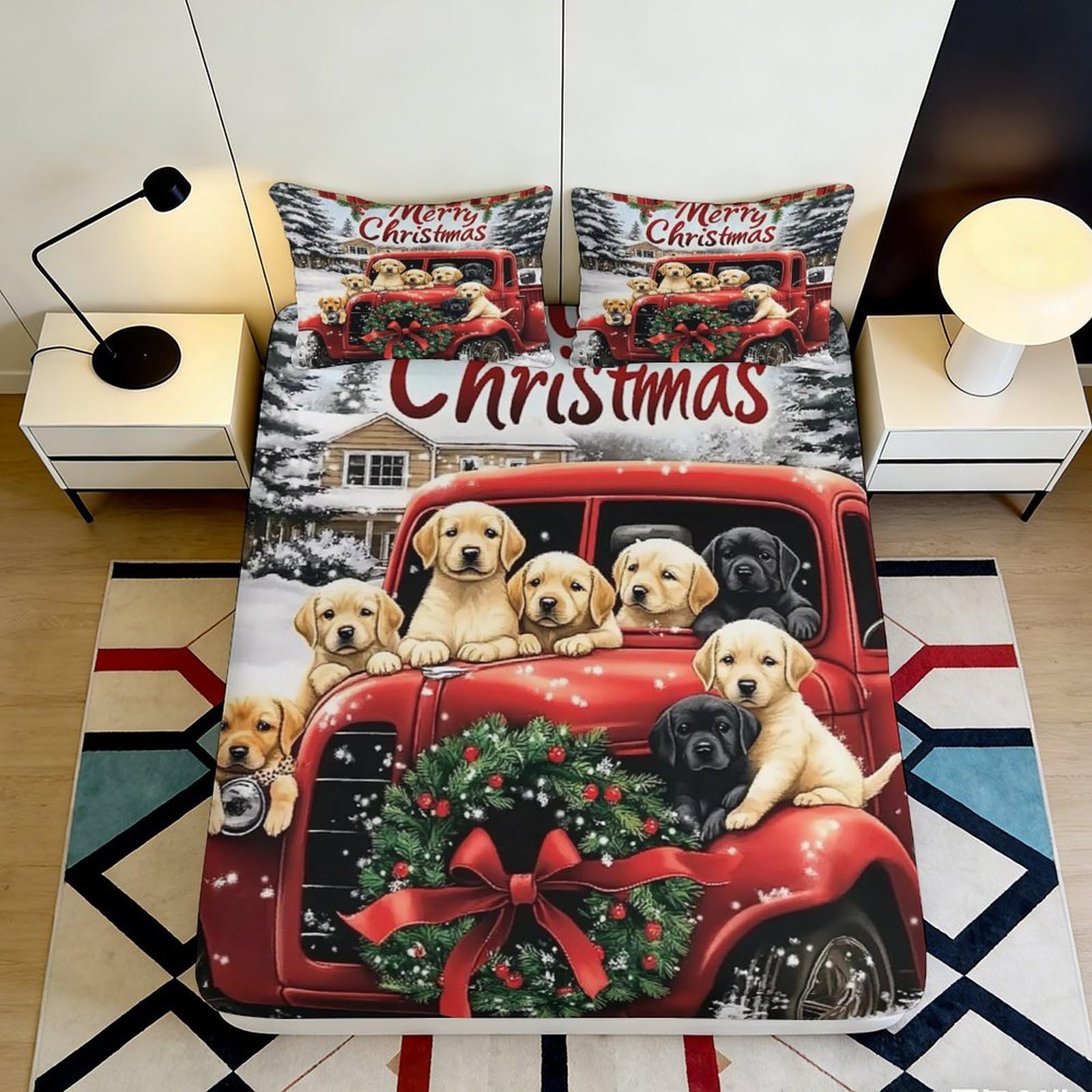 3D Printed Christmas Puppy Fitted Sheet Microfiber Deep Pocket Non-Slip Bedroom Set Christmas Puppy Mattress Fitted Cover Washable 140x200x25cm