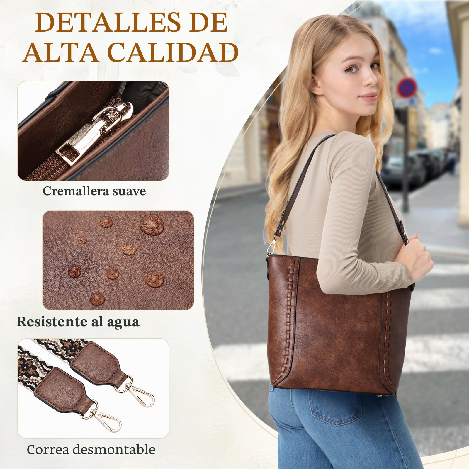 RAVUO Bolso Bandolera Mujer, Grande Bolso Cuero Mujer Bolso Hombro de Piel con 2 Correas Ajustable Crossbody Bag Bolso Shopper para Diario Viaje