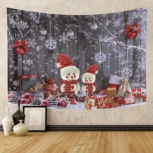 LFEEY Divertido tapiz de muñeco de nieve de Navidad para niños, bolas rojas, regalos en invierno, copo de nieve, copo de nieve, tapiz para colgar en