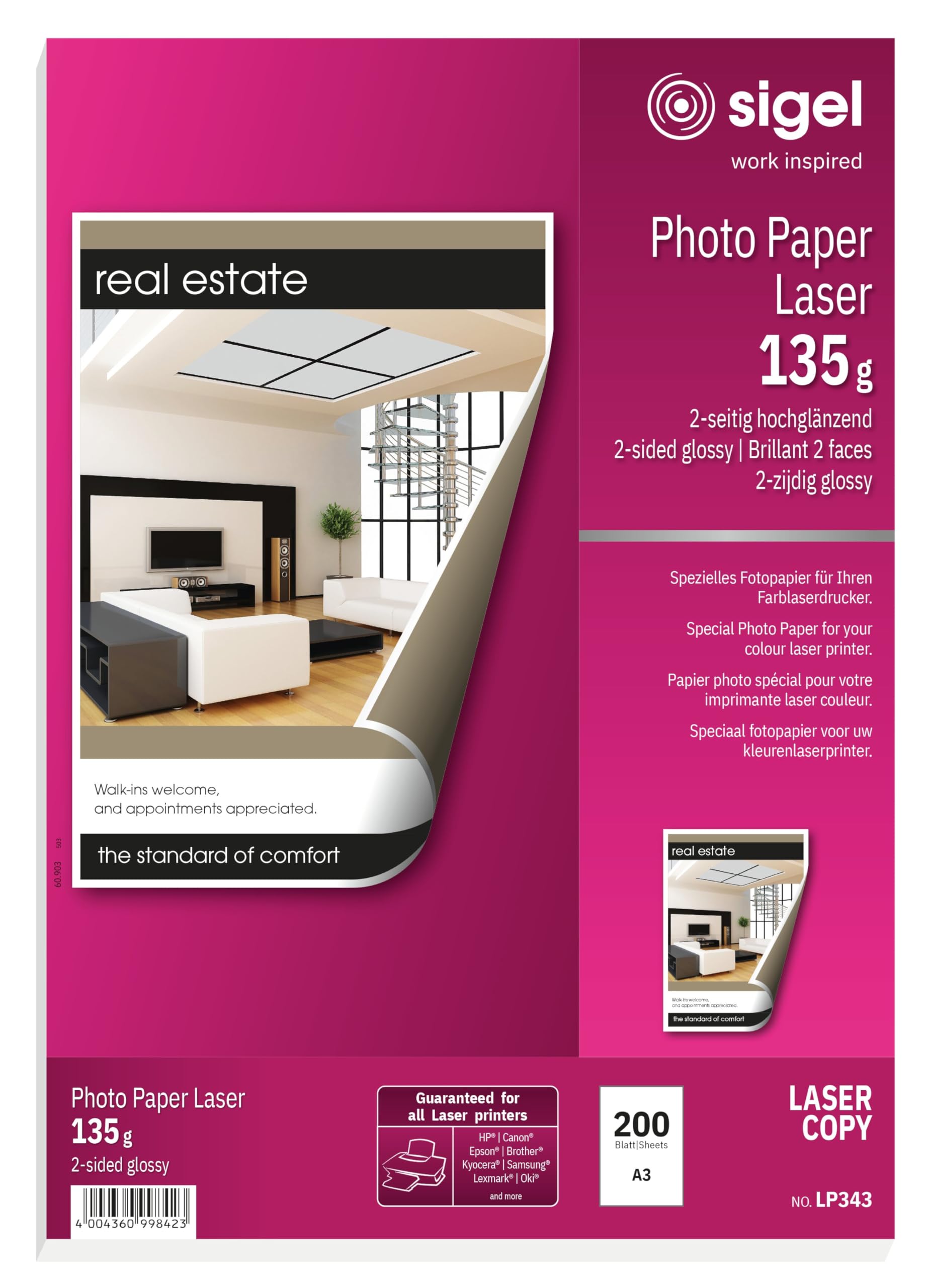 SIGEL LP343 Fotopapier für Laser / Kopierer, A3, 200 Blatt, hochglänzend, beidseitig bedruckbar, 135 g