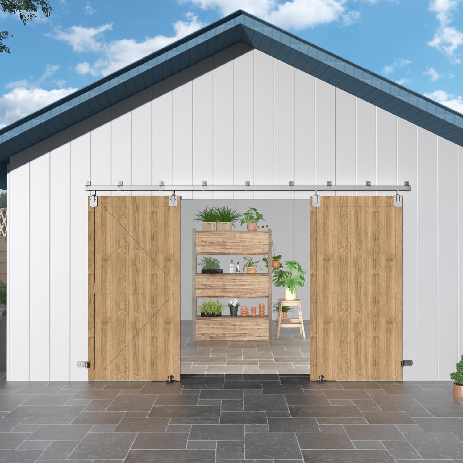 16FT Heavy Duty Box Rail Exterior Barn Door Hardware Kit, Sliding Door Hardware, Outdoor Barn Door Hardware Kit for 2 Doors(Door not Include), 450 lbs Capacity, Silver