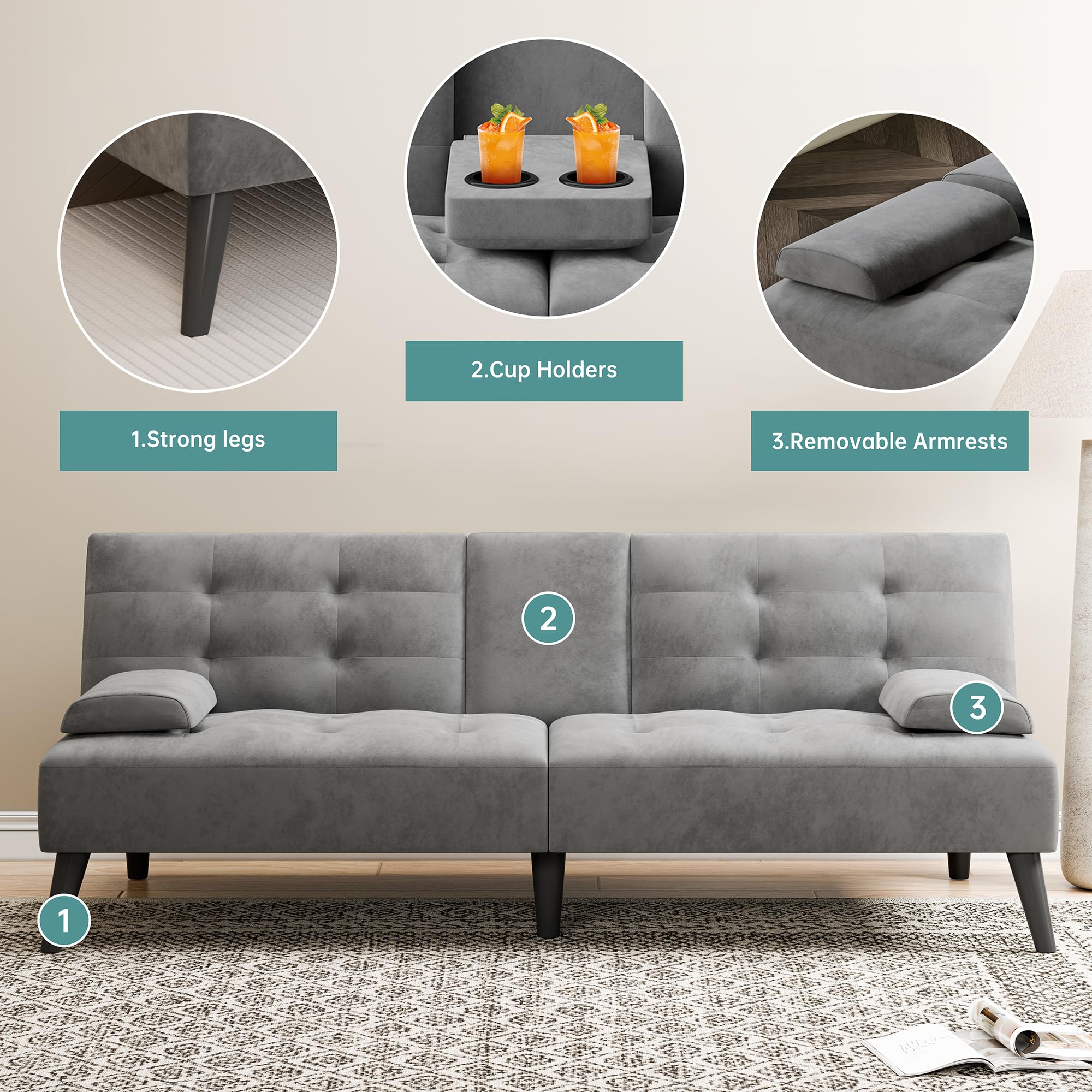 64" Futon Sofa Bed, Convertible Loveseat with 2 Cup Holders, Small Couch with 3 Adjustable Angles & Armrests, Sleeper Sofa for Small Space, Dark Grey