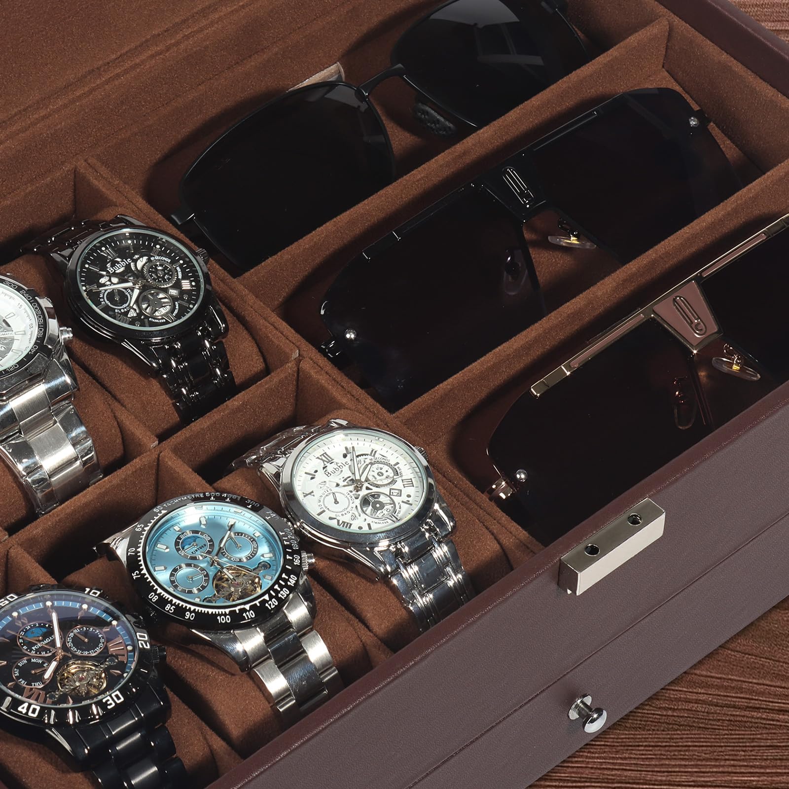 Scatola per orologi e occhiali da uomo con coperchio in vetro, 6 scomparti, 2 livelli, astuccio con serratura, organizer e idea regalo – Marrone
