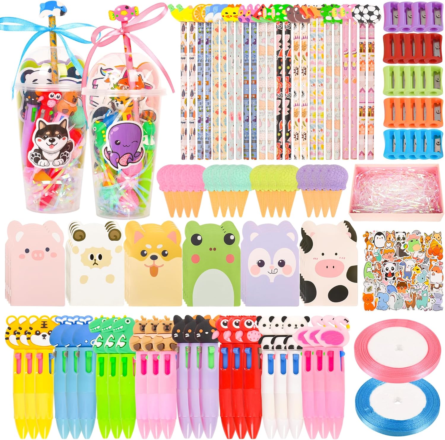 247 Pcs Return Gifts for Birthday Party, Student Birthdays Gifts from Teacher, Stationery Party Favors for Kids, Pencil Erasers Notesbook Stickers for Classroom Birthday Goodie Bags Rewards Prizes