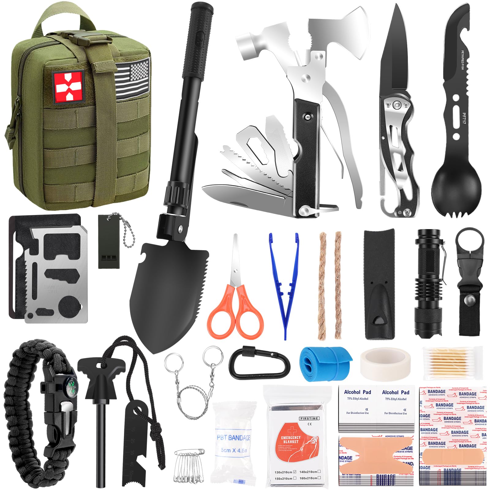 Gifts for Men Christmas Dad, Survival Kit, 150 PCS Survival Gear and Supplies Equipment with Trauma Bag, Molle Pouch Emergency Kit for Outdoor Camping