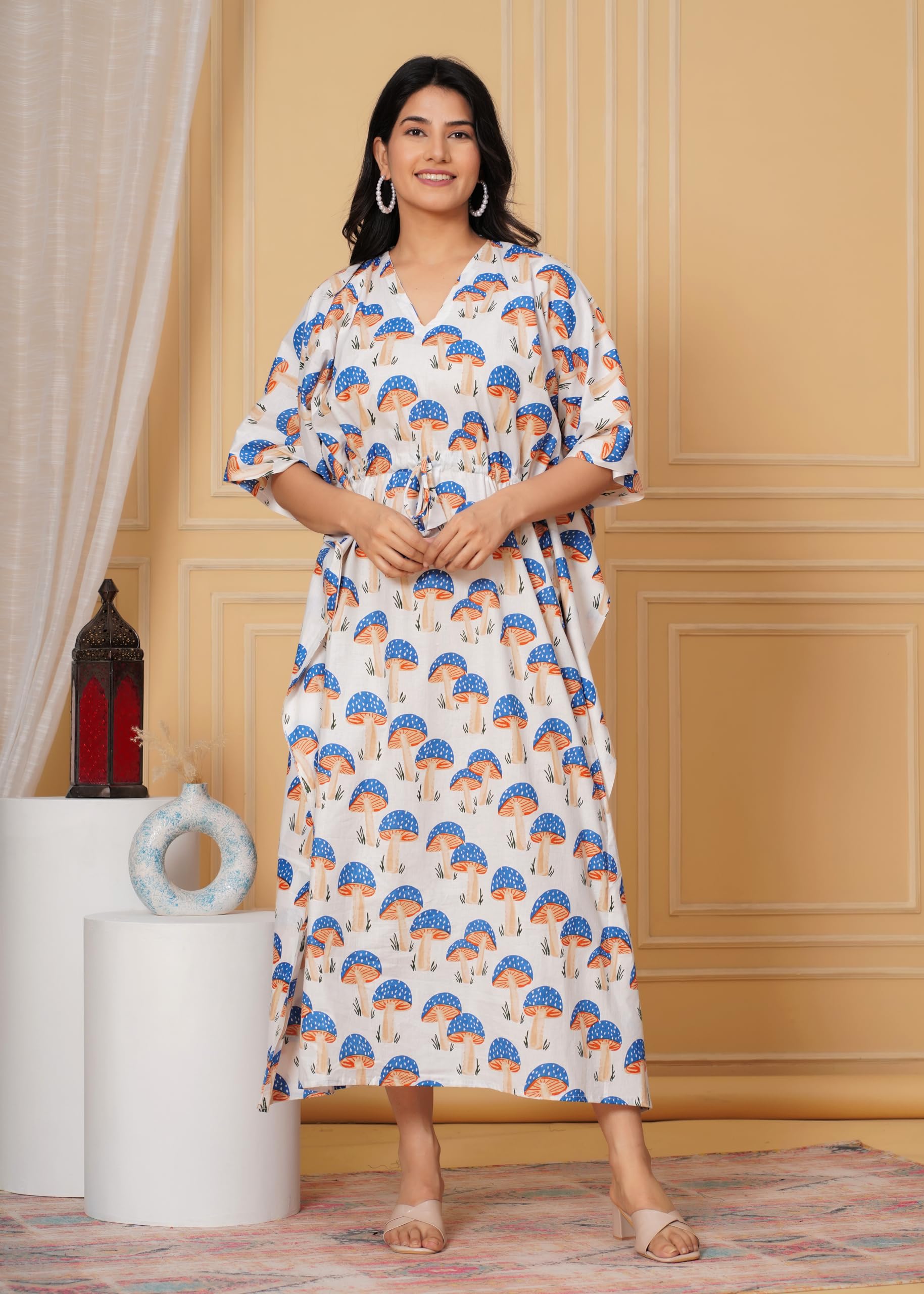 INDACORIFY Caftan imprimé d'été 100% coton robe de nuit robe de plage de vacances couvrir vêtements de détente pour femmes