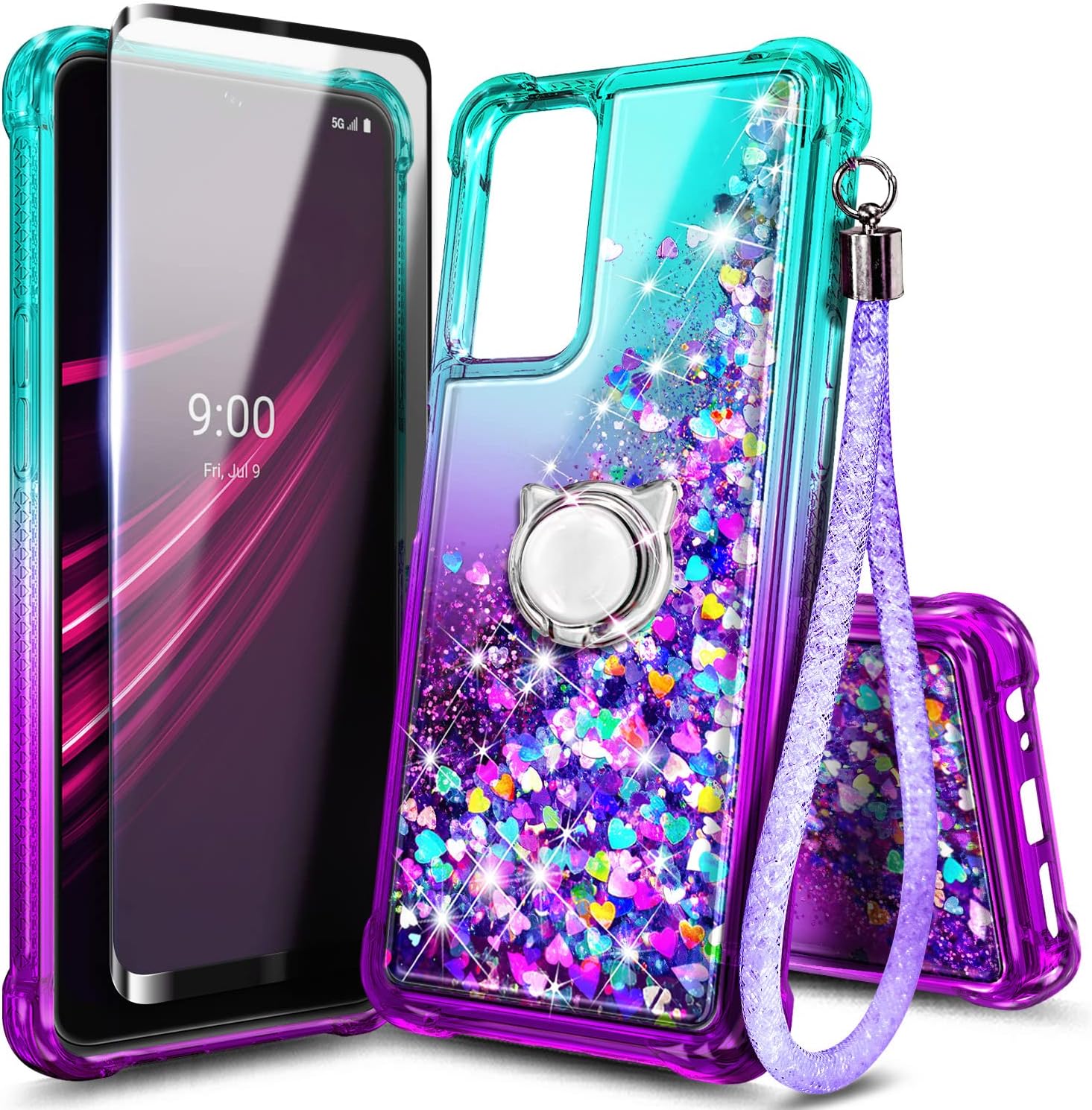 NZND Compatible with T-Mobile Revvl V Plus 5G Case with Tempered Glass Screen Protector (Maximum Coverage), Ring Holder/Wrist Strap, Sparkle Glitter Liquid Cute Case -Aqua/Purple