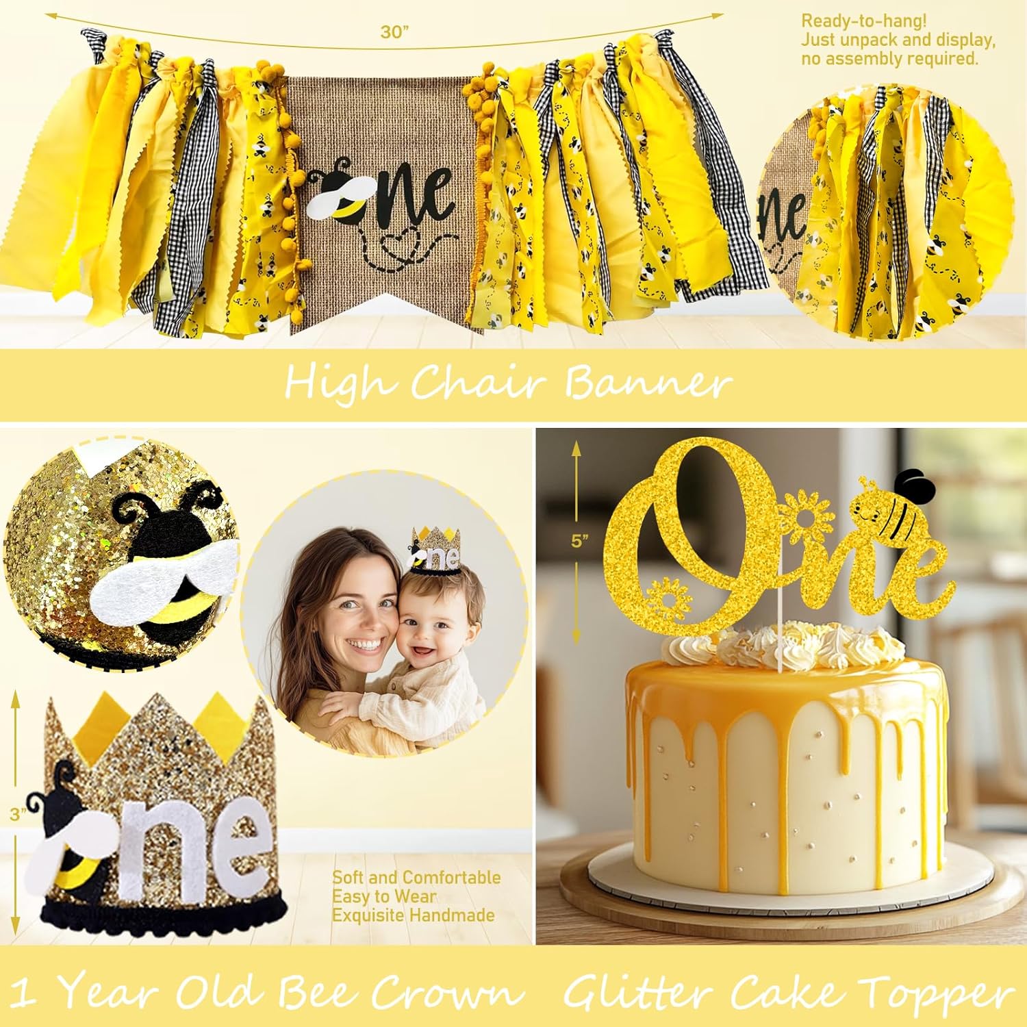 Party Inspo 1st Birthday Decorations - Bumble Bee & Honey Bee Themed Party Pack, Includes Backdrop, Balloon Banner, Cake Topper, Crown, Box Cutouts