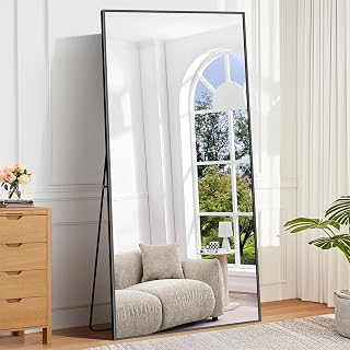 BONEWEI Standing Mirror, 198x96cm, Large Full Body Mirror, with Black Aluminum Frame, Rectangular Hanging or Hanging Wall Mirror for Bedroom Living Room Hallway