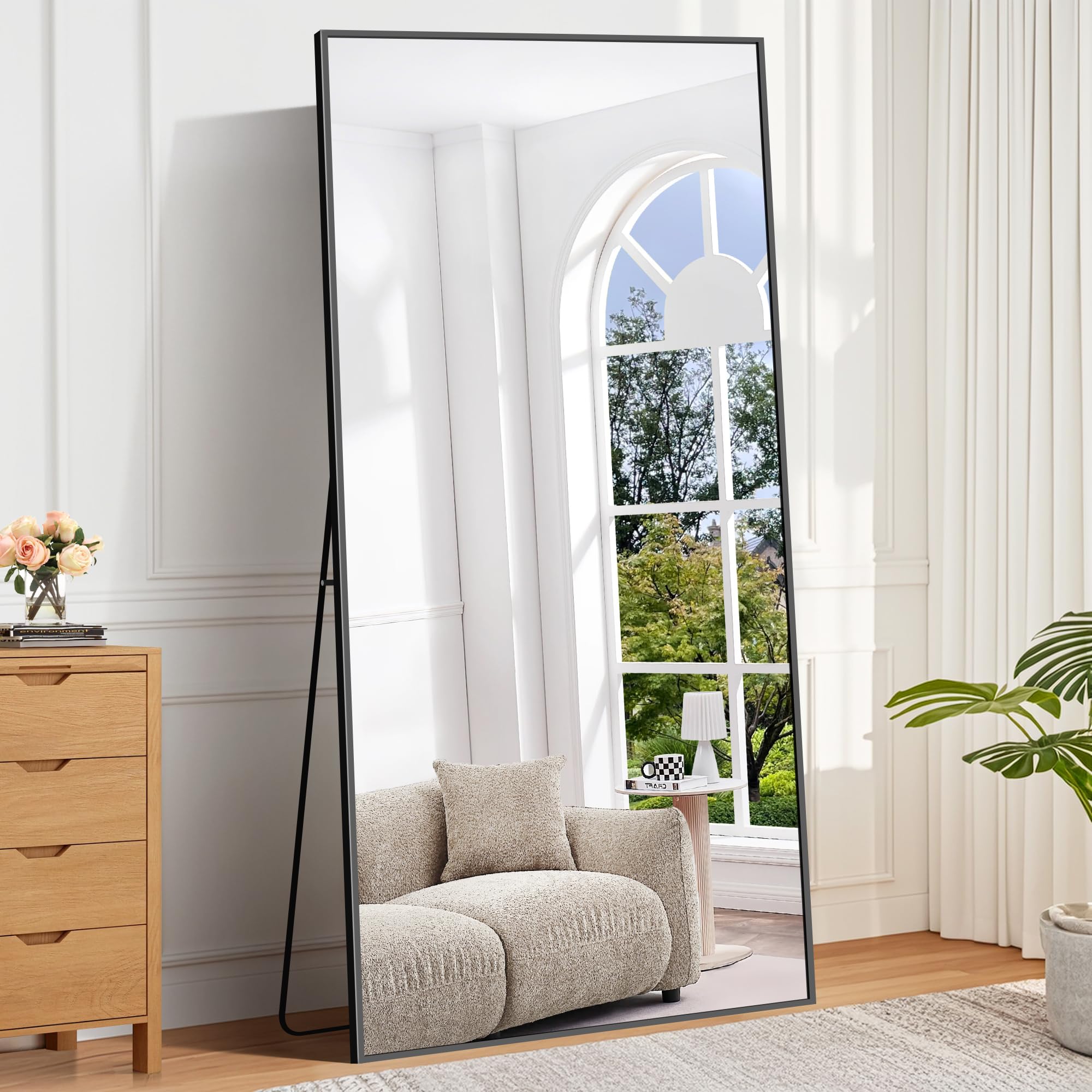 BONEWEI Full Length Mirror, 192x85cm Standing Mirrors, Rectangular Mirror Full Length Black Frame, Large Floor Mirror Standing Hanging or Leaning Against Wall for Bedroom Livingroom Dressingroom