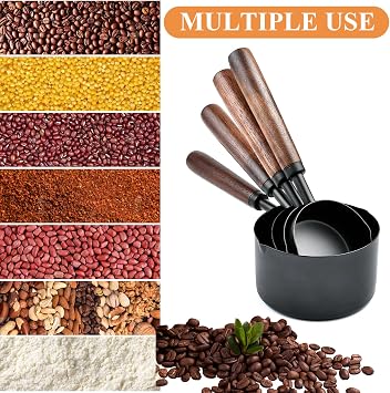 4Pcs Measuring Cups with Wooden Handle, Black Stainless Steel Measuring Cups Scoops Set, Dog Food Scoop for Kitchen Flour Spice Seasoning Measurement Cooking (1, 1/2, 1/3, 1/4 Cup)
