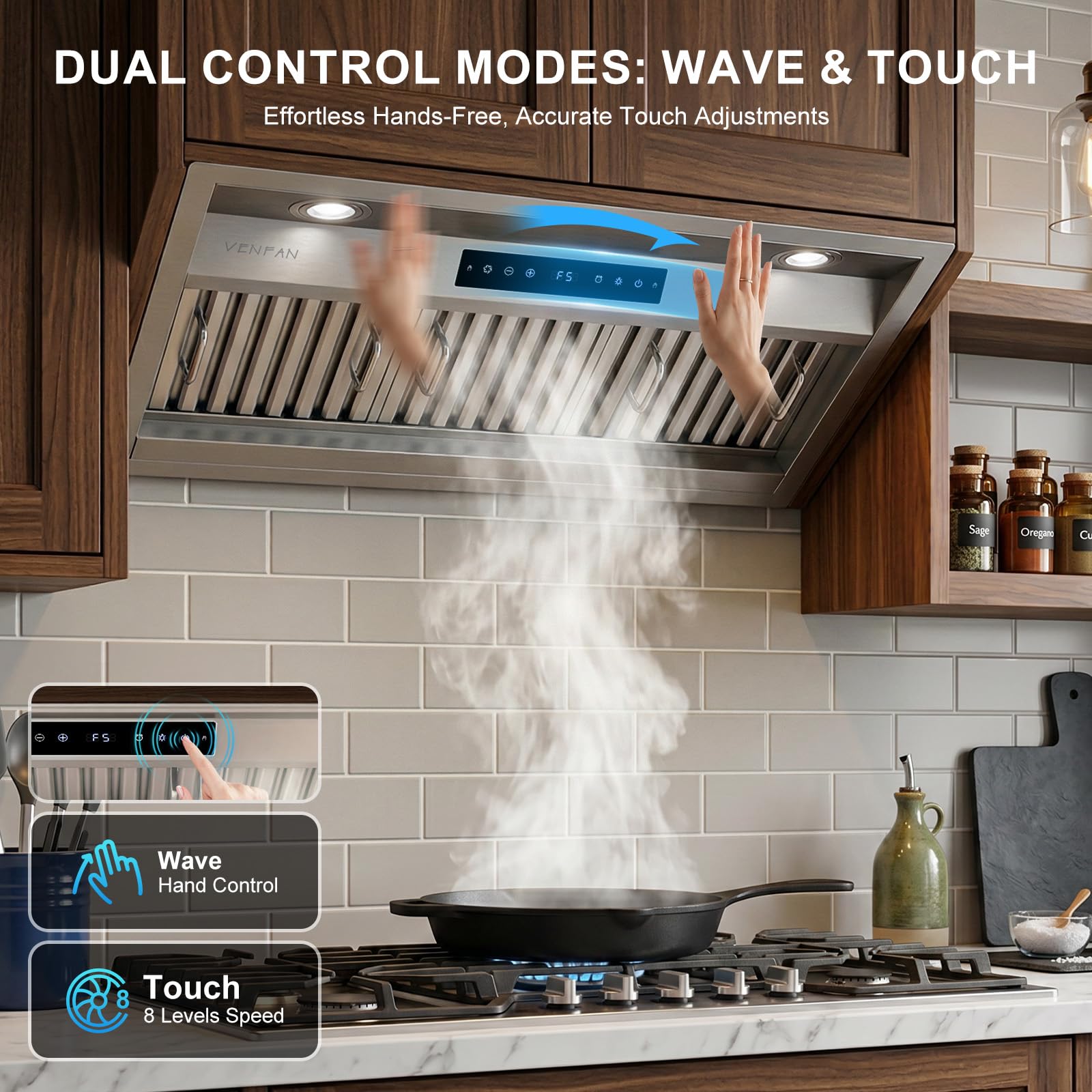 VENFAN 36 Inch Range Hood Insert, 1200 CFM Ultra Quiet Kitchen Vent Hood, Gesture & Touch Control, Ducted/Ductless Convertible, Stainless Steel with Memory Function - 4