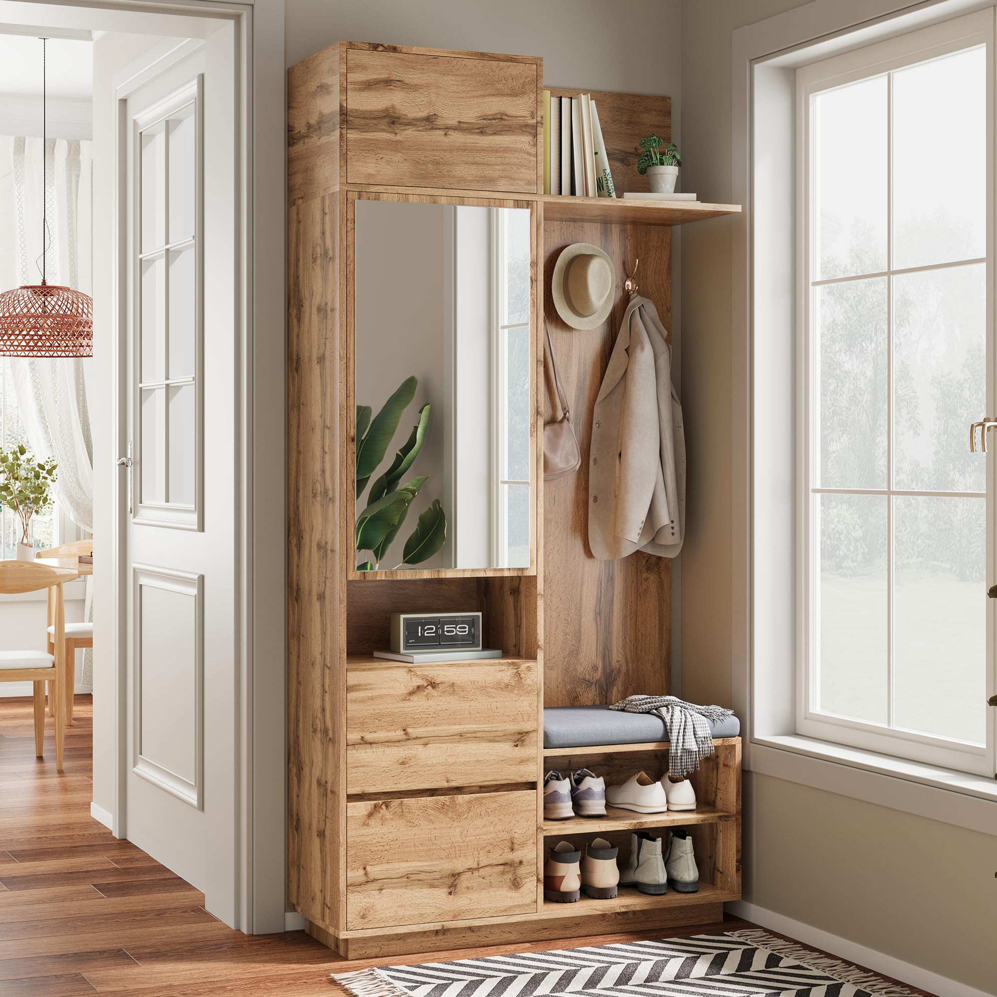 LAKFEW Juego de Perchero 5 en 1 con Espejo y Banco, Perchero Entrada Recibidor con Zapatero y Estante, Conjunto de Mueble Recibidor con Cajón y Puerta, 90x34.5x190 cm, Natural