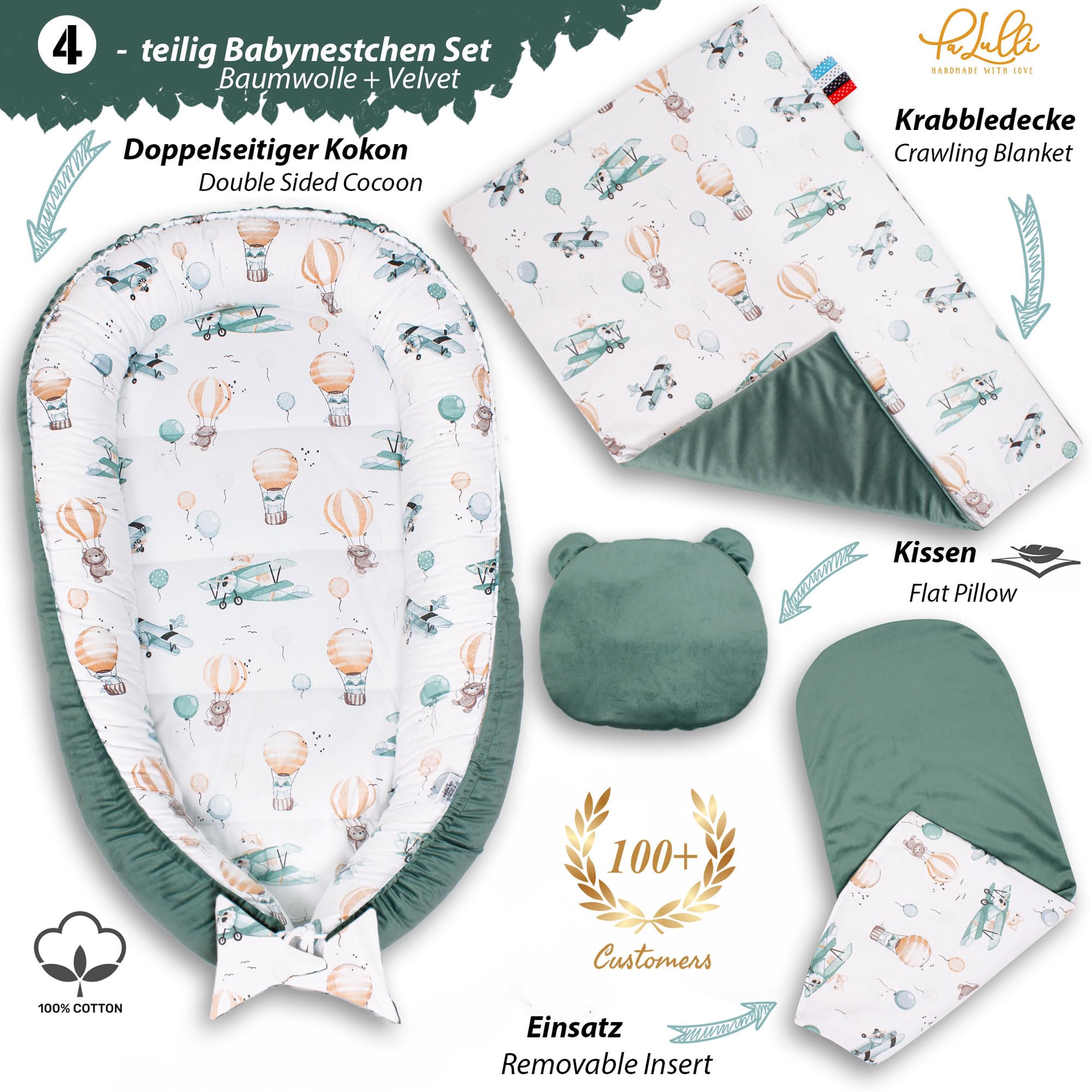 PaLulli 4-TLG Premium Velvet Baby Ausstattung-Set Kuschelnest Babynest 100x55cm herausnehmbarer Baby-Matratze, Kuscheldecke Flachkissen Babybett 100% Baumwolle Hypoallergisch (Baloon)