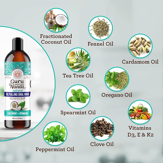GuruNanda Naturally White Kit - شرائط تبييض الأسنان وزيت سحب نعناع الهند للحصول على ابتسامة أكثر إشراقًا وأنفاسًا طازجة