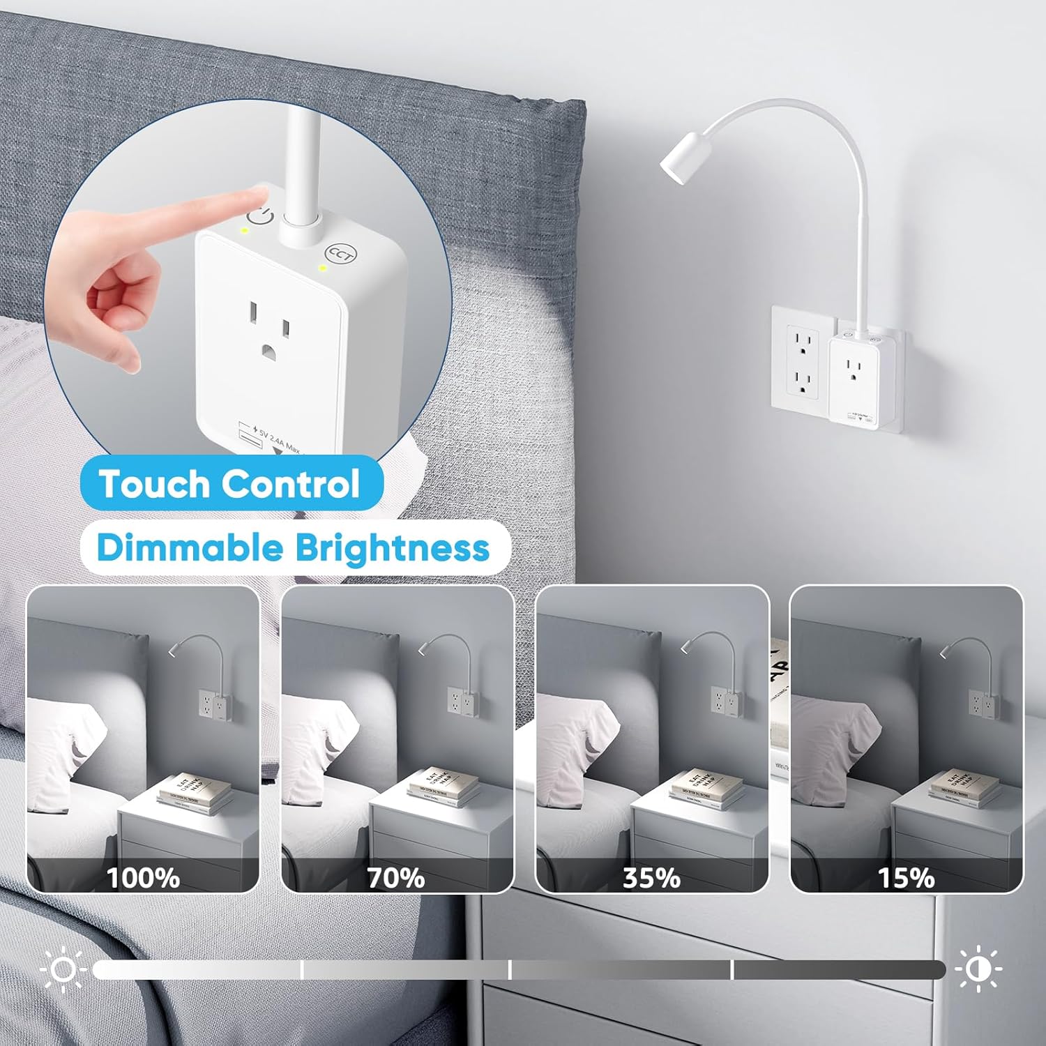 Plug in LED Spot Wall Lamps for Reading, 2 Pack White Flexible LED Book Reading Lights with Power Plug and Outlet Extender for Kitchen Bedroom, 3 Color Temperature, USB Charging Ports