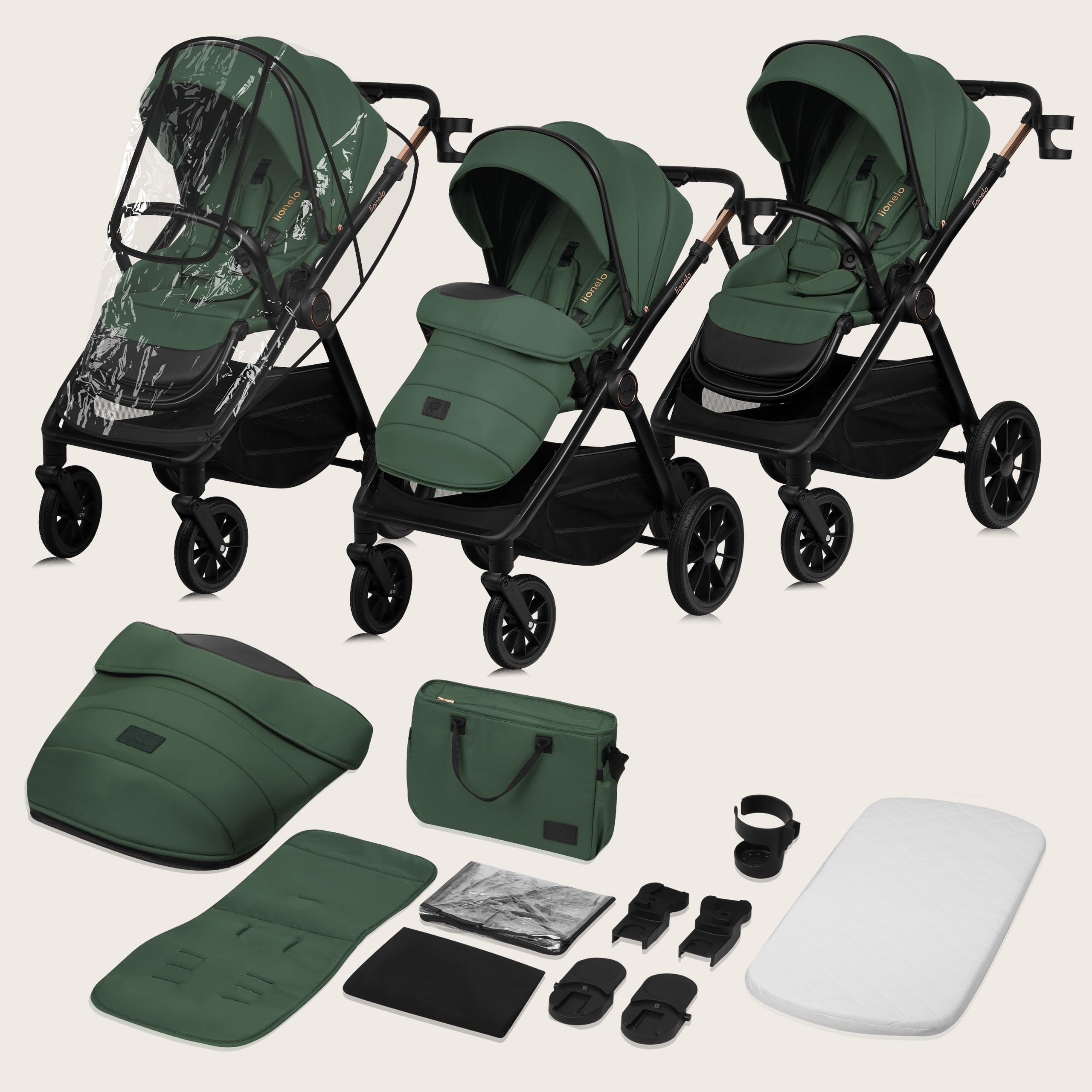 LIONELO LAYLA 3 en 1 Poussette combinée 0-48 mois 22 kg Nacelle 9 kg Siège auto 13 kg AiryDots Roues PU pivotantes 360° Suspension complète Green