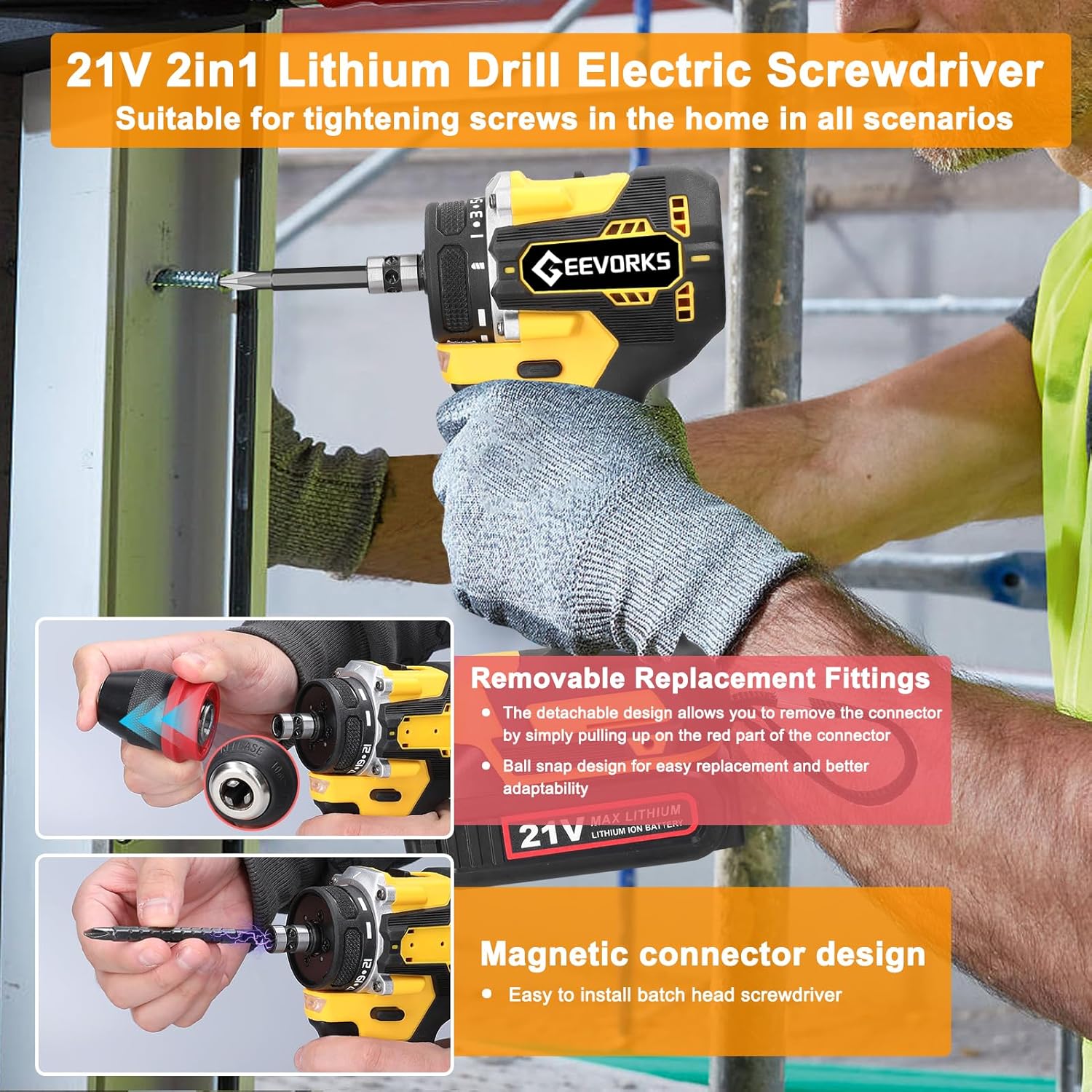 21V 2in1 Lithium Drill Electric Screwdriver Multi-function Power Tool High Torque Brushless Motor Practical Screw Driver for Home Appliances Furniture Installation Automotive Electronics