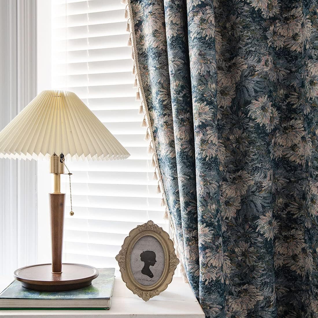 Elegant Window Curtain with Tassel,Vintage Floral Pattern Room Darkening Curtain Drapes,Rod Pocket Decorative Window Panel for Bedroom Living Room,59" x 79"