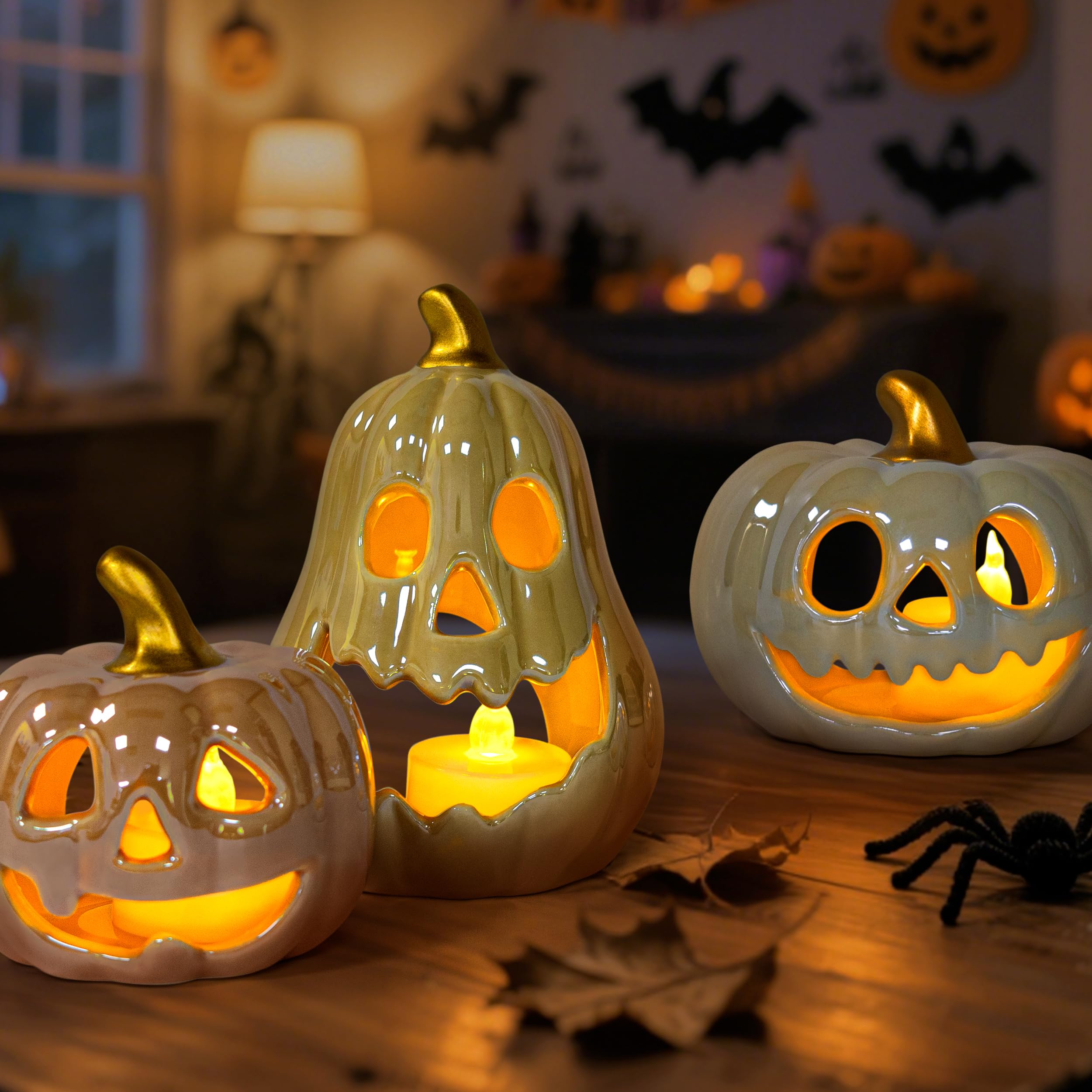 Sunlit Ceramic Pumpkin with 3 Tea Lights, Jack-O-Lantern Candle