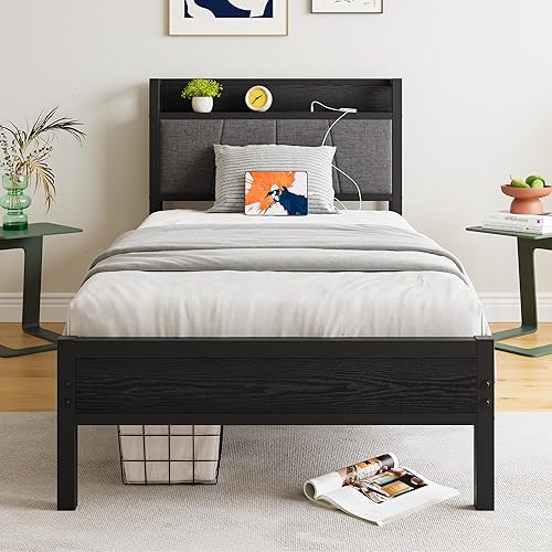 Miniatura 13 de BOFENG Base de cama Queen con cabecero, base de cama tapizada de metal con estación de carga, marco de cama tamaño Queen con almacenamiento, no