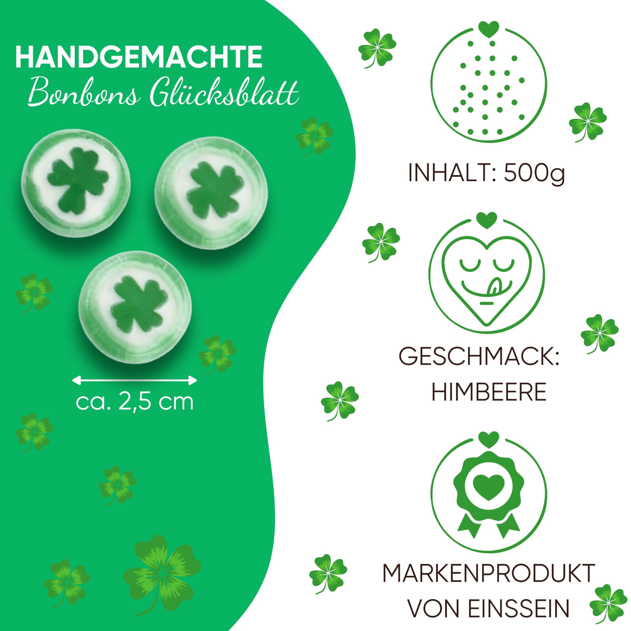 EinsSein Glücksbonbons Kleeblatt grün-weiß 3kg | Handgemachte Rocks Bonbons | Süßigkeiten & Glücksbringer für Silvester Geburtstag Party & Hochzeit | Perfekt für Candybar & Gastgeschenke
