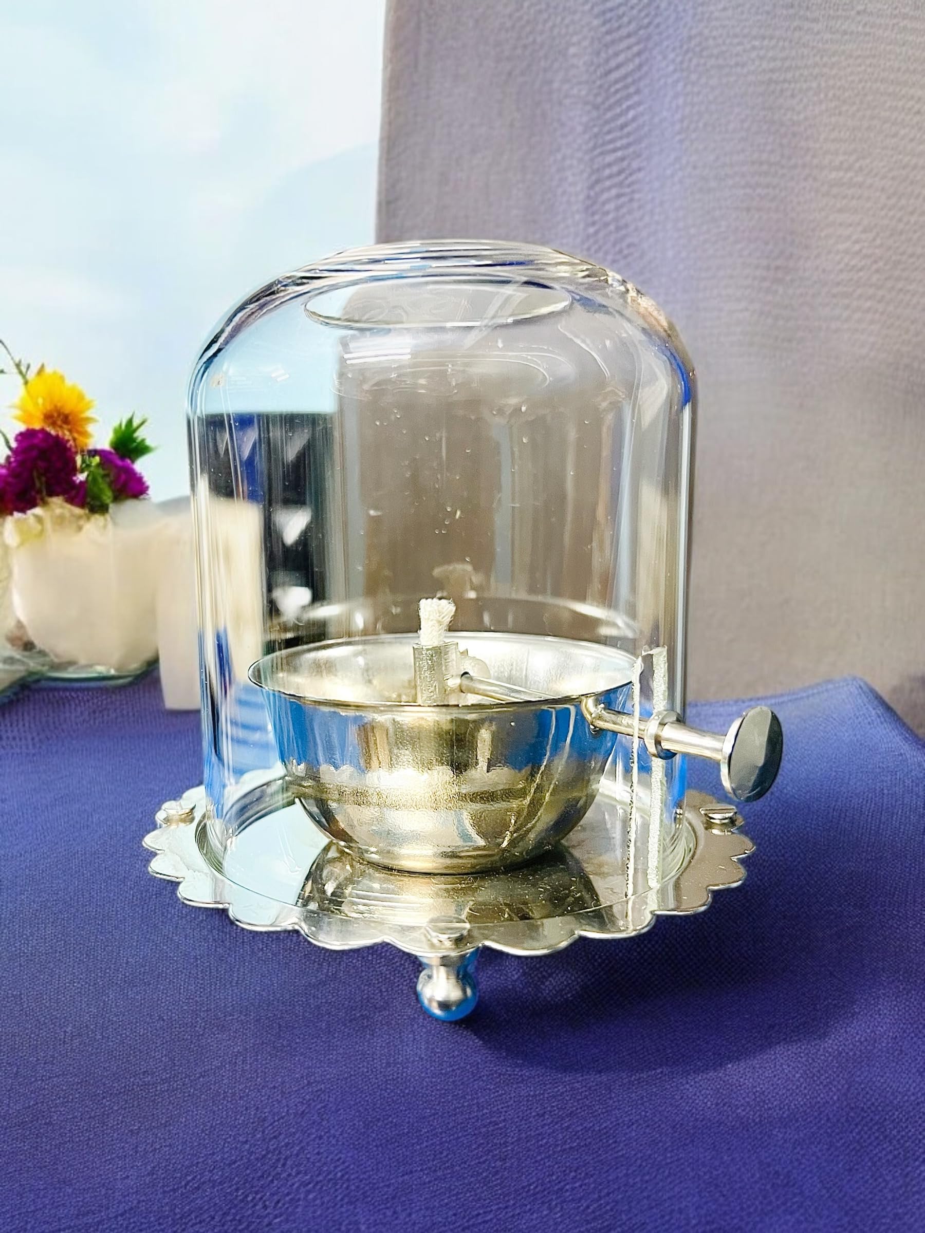 Pure Brass Akhand Jyot Oil Diya (German-Silver-Plated) with Borosilicate Glass & Rotating Wick | 120 ml Oil Capacity | 5.5-Inch Height | Pooja Essentials | Hindu Rituals | Wedding Gifts-image-5
