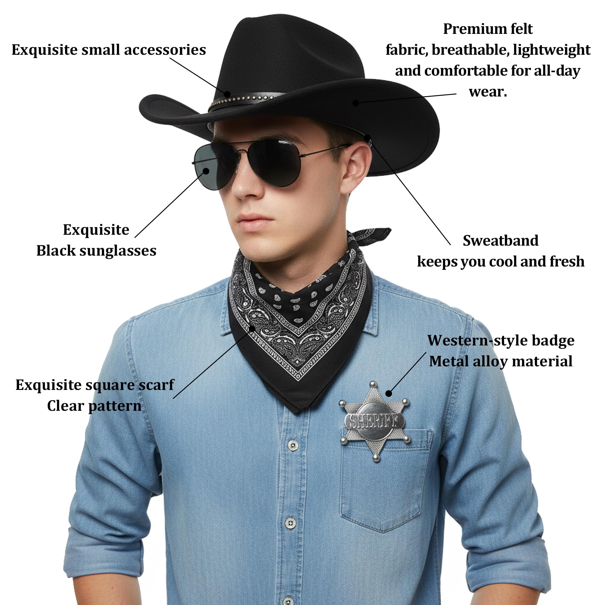 Soireeparty Cowboy Costume Accessories Men Adult, 4Pcs Western Fancy Dress Set including Hat Bandana - Image 3