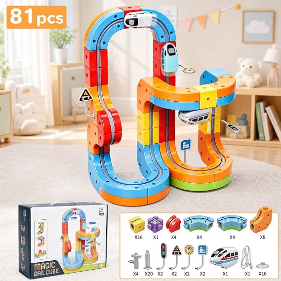 Electric Train Set for Kids, 81PCS 3D Cube Track with Traffic Signs