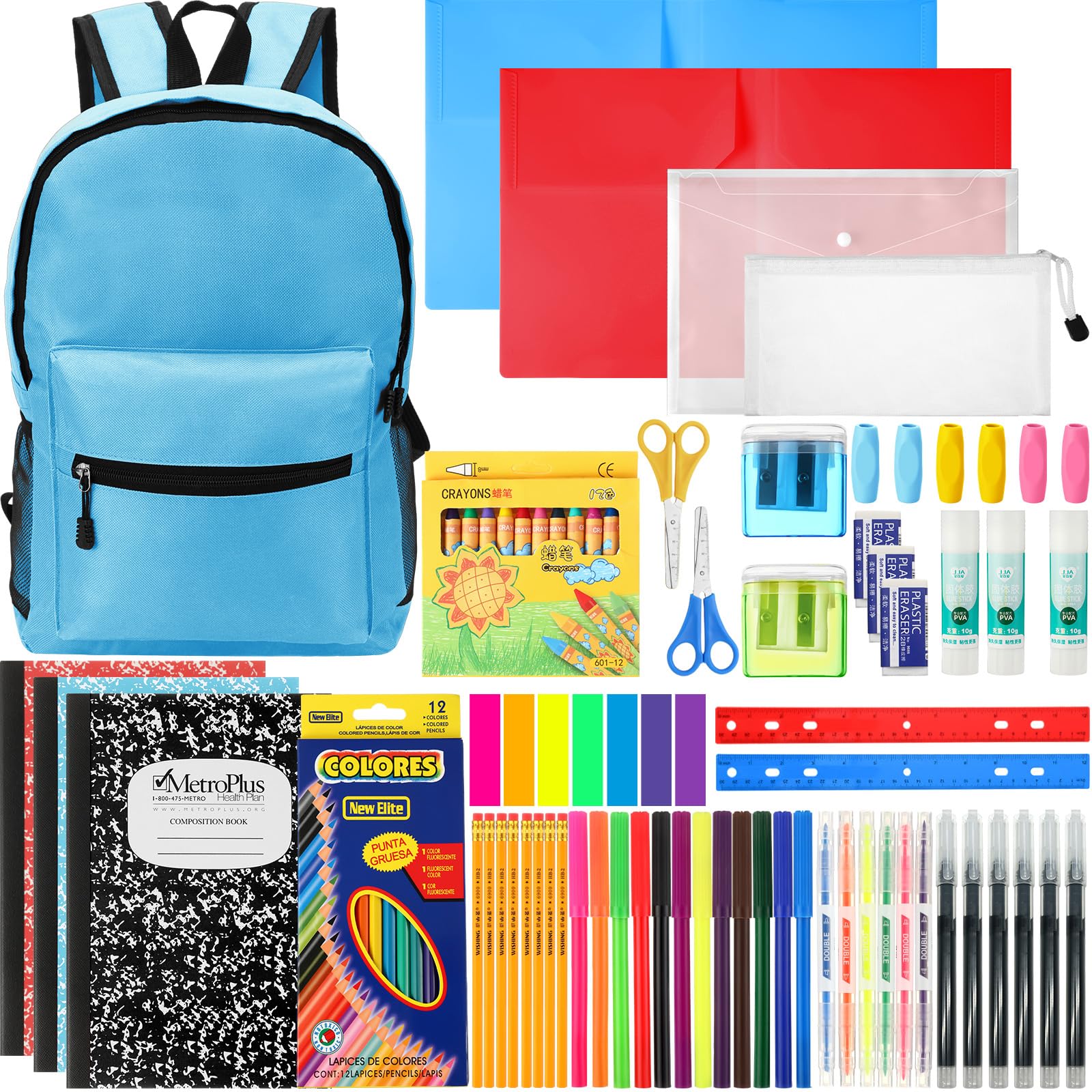 Gilprop Kit di 86 articoli scolastici con zaino, set di borse per il rientro a scuola, set essenziale elementare, per bambini, studenti, ragazze, ragazzi, aule scolastiche (azzurro)