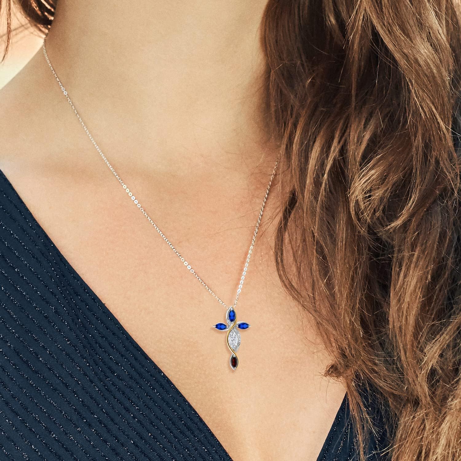 Cross Necklace For Women In 925 Silver and 10K Yellow Gold with Moissanite and Blue Created Sapphire and Garnet | 1.43 Cttw | Jesus Christian Religious Crucifix | Marquise 8X4MM | With 18 Inch Chain - Image 3