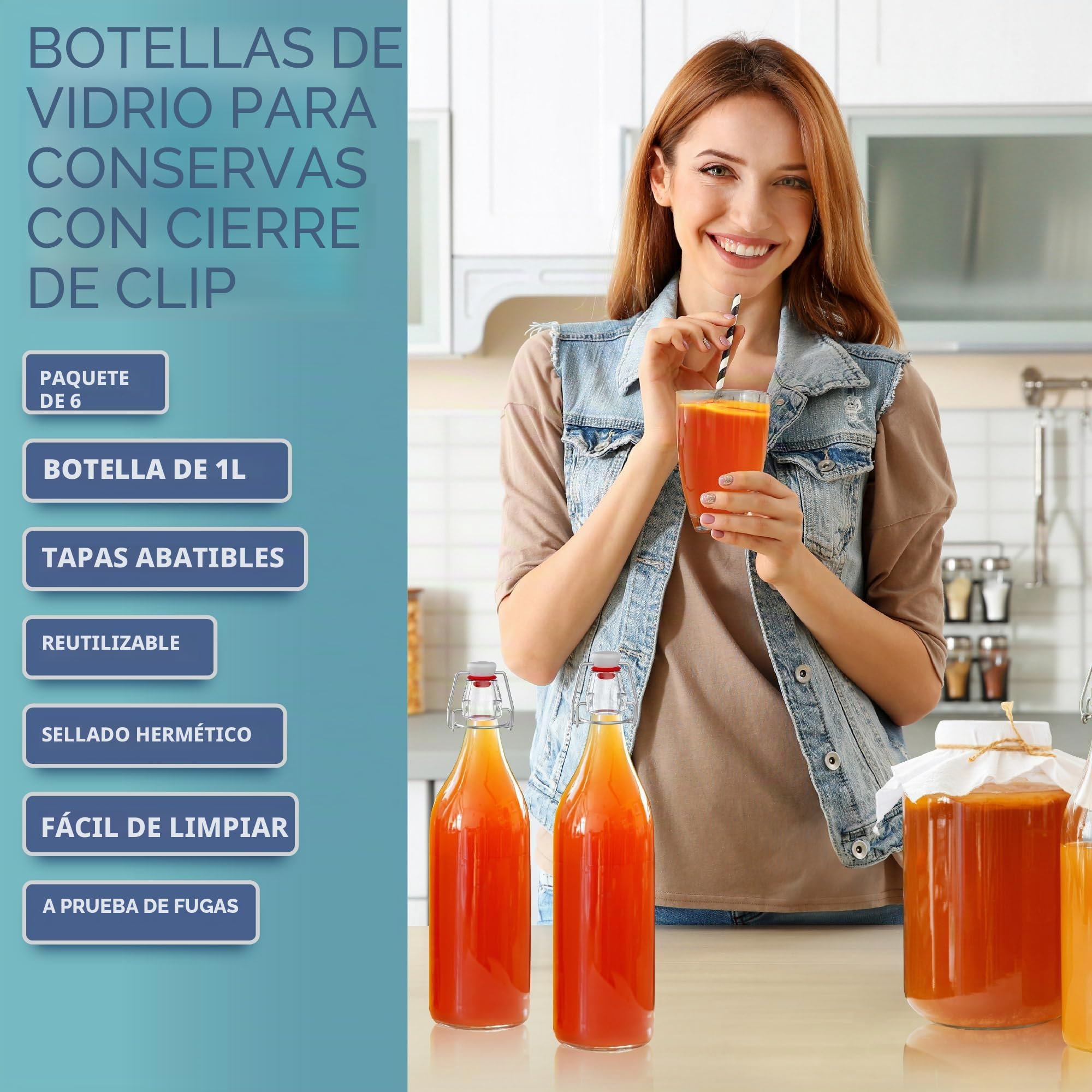 Botellas de vidrio HEFTMAN con cierre hermético, 1 litro, paquete de 6 botellas transparentes con tapa hermética para vino, especias, bebidas, aceite, vinagre, kombucha y agua, 6 unidades (1 litro)