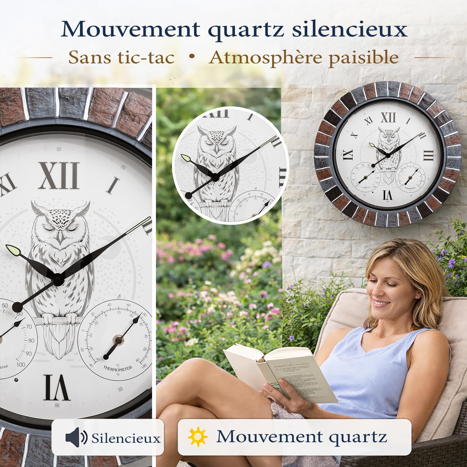 Horloge murale exterieure etanche 45 cm avec thermomètre et hygromètre, illuminée avec lumière nocturne intelligente, grande horloge silencieuse à piles pour jardin, patio, piscine et véranda