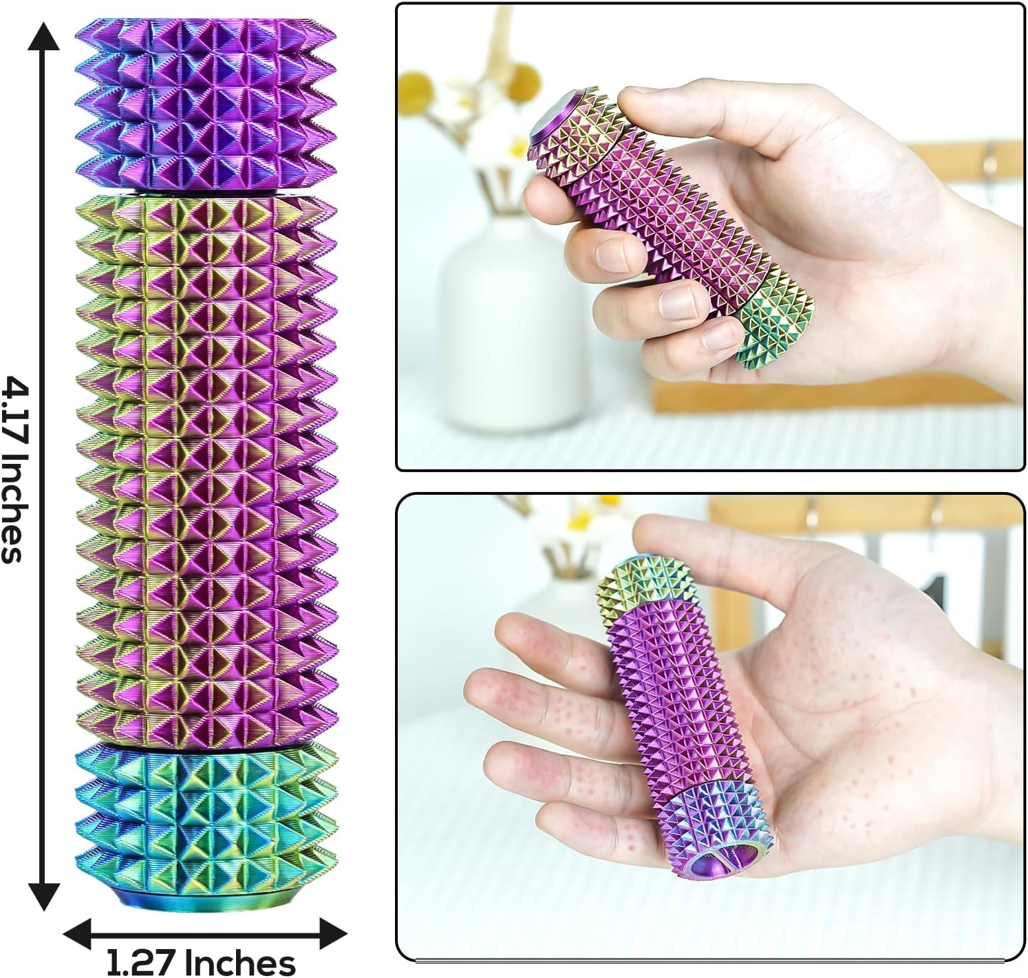 Pain Stim Fidget Toy — Rotatable Spiky Keychain,Little Spiky Ouchies Style,3D Printed Sensory Tool for Anxiety,Stocking Stuffer Gifts for Teens & Adults(Rainbow+Purple Blue Yellow)