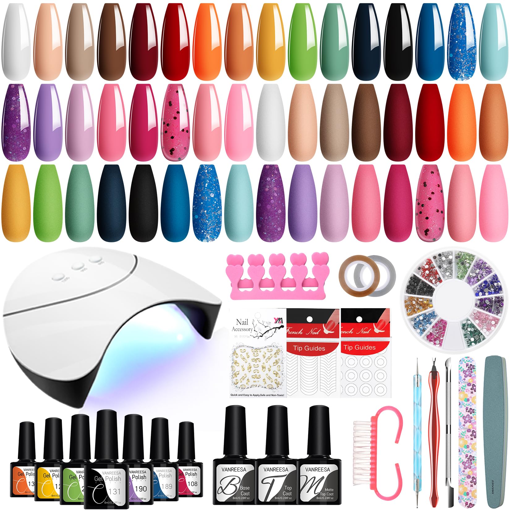 VANREESA Uñas Semipermanentes Kit Completo y Lámpara U V 24 Colores Kit Uñas Semipermanentes con Base Top Mate Top Coat Kit Manicura Semipermanente