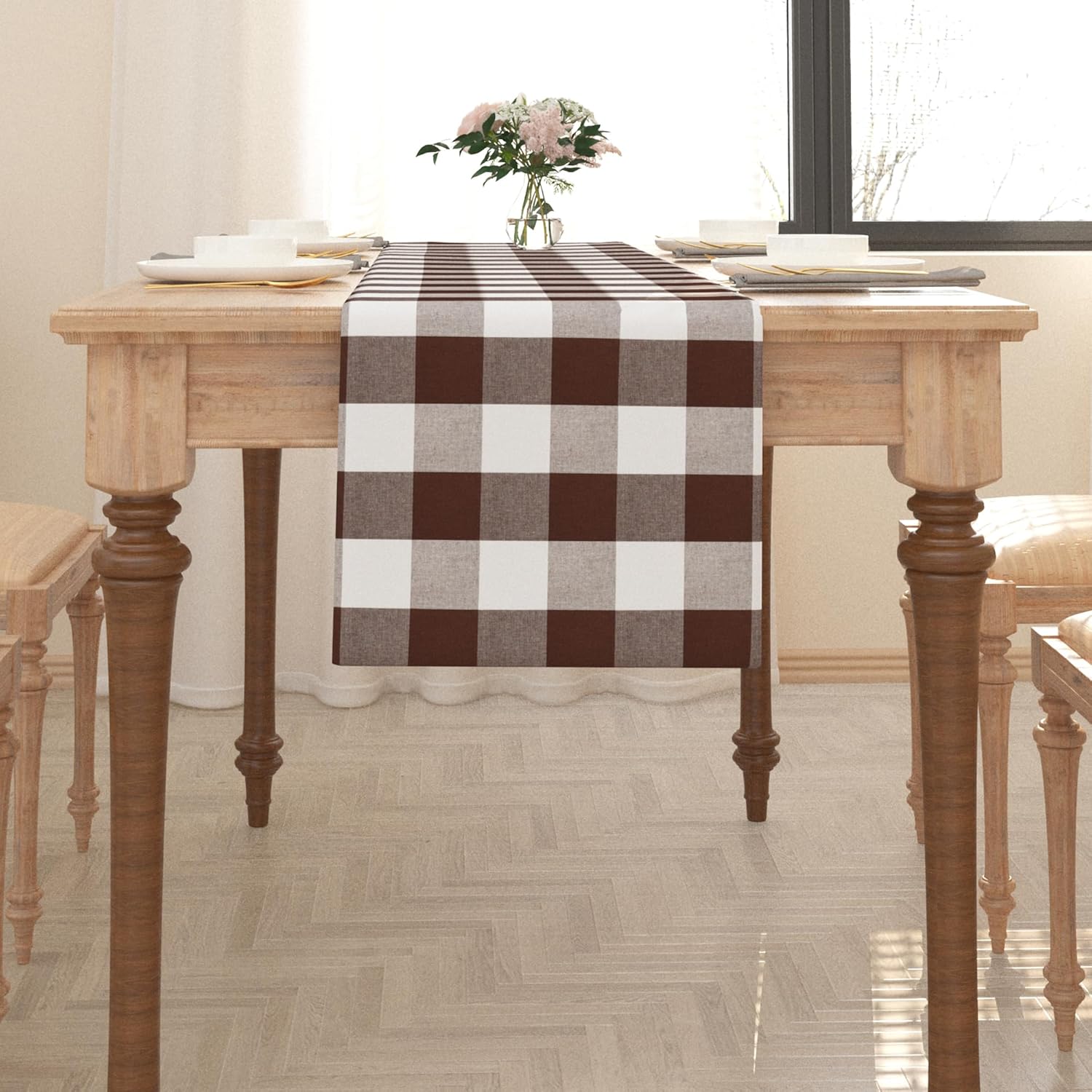Brown & White 2 Side Buffalo Check Farmhouse Table Runner for Family Dinners or Gatherings Indoor or Outdoor Parties Everyday Use 12" x 72" Table Runner 12" x 72" Plaids Brown & White
