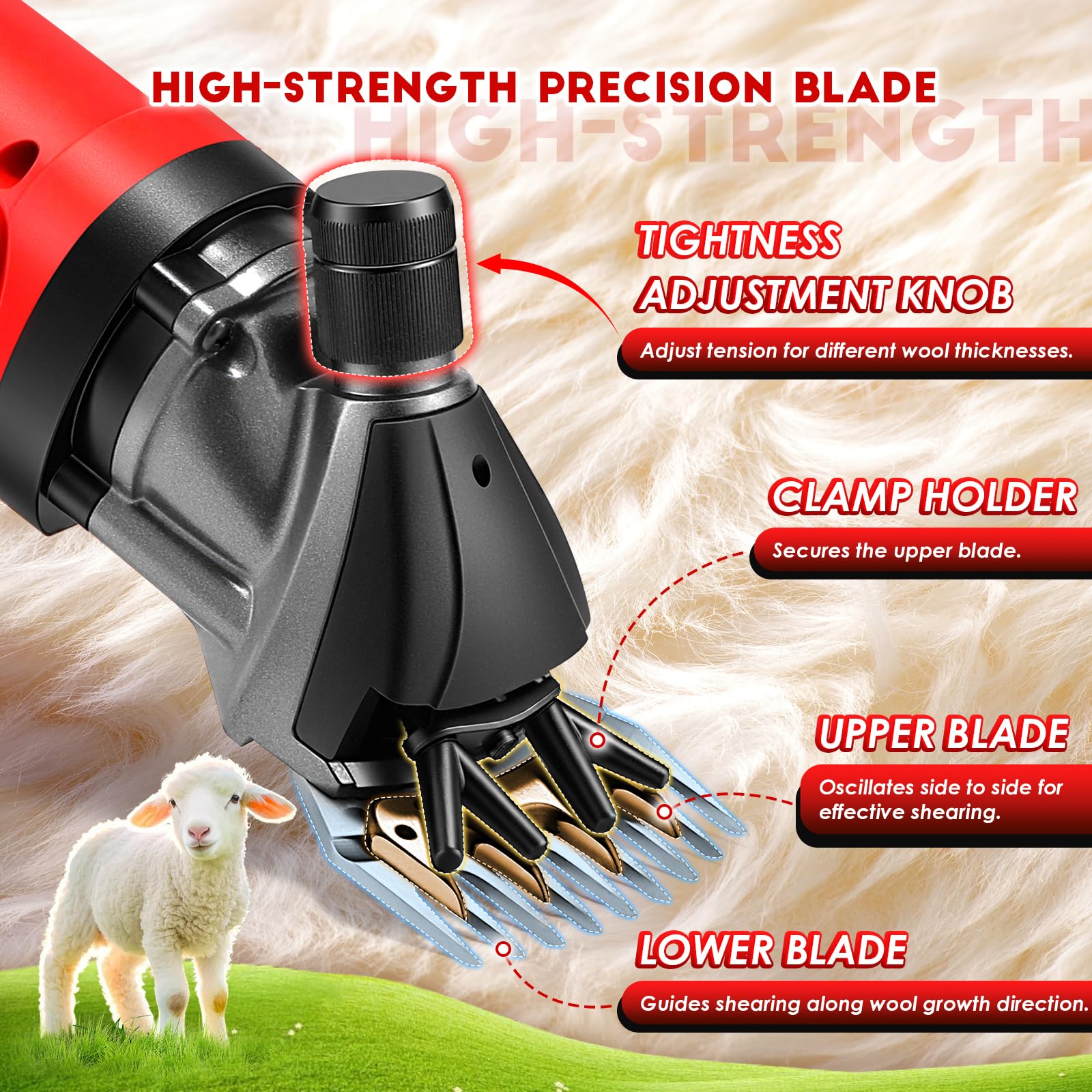 CGOLDENWALL Esquiladora Oveja Inalámbrica 600W, 3 Velocidades, Cabras | Prof, 1350RPM, 2x4.0Ah Batt. 21V, Asa Ergonómica, Protección Sobrecarga, Alpacas Camellos, Rojo