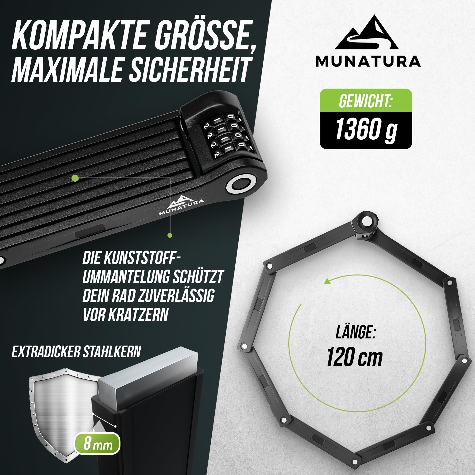 MUNATURA Faltschloss Fahrrad Diebstahlsicher [120cm] - Fahrradschloss hohe Sicherheit mit Halterung - Radschloss Zahlenschloss, Fahrrad schloss Faltschloss, bike lock, ebike