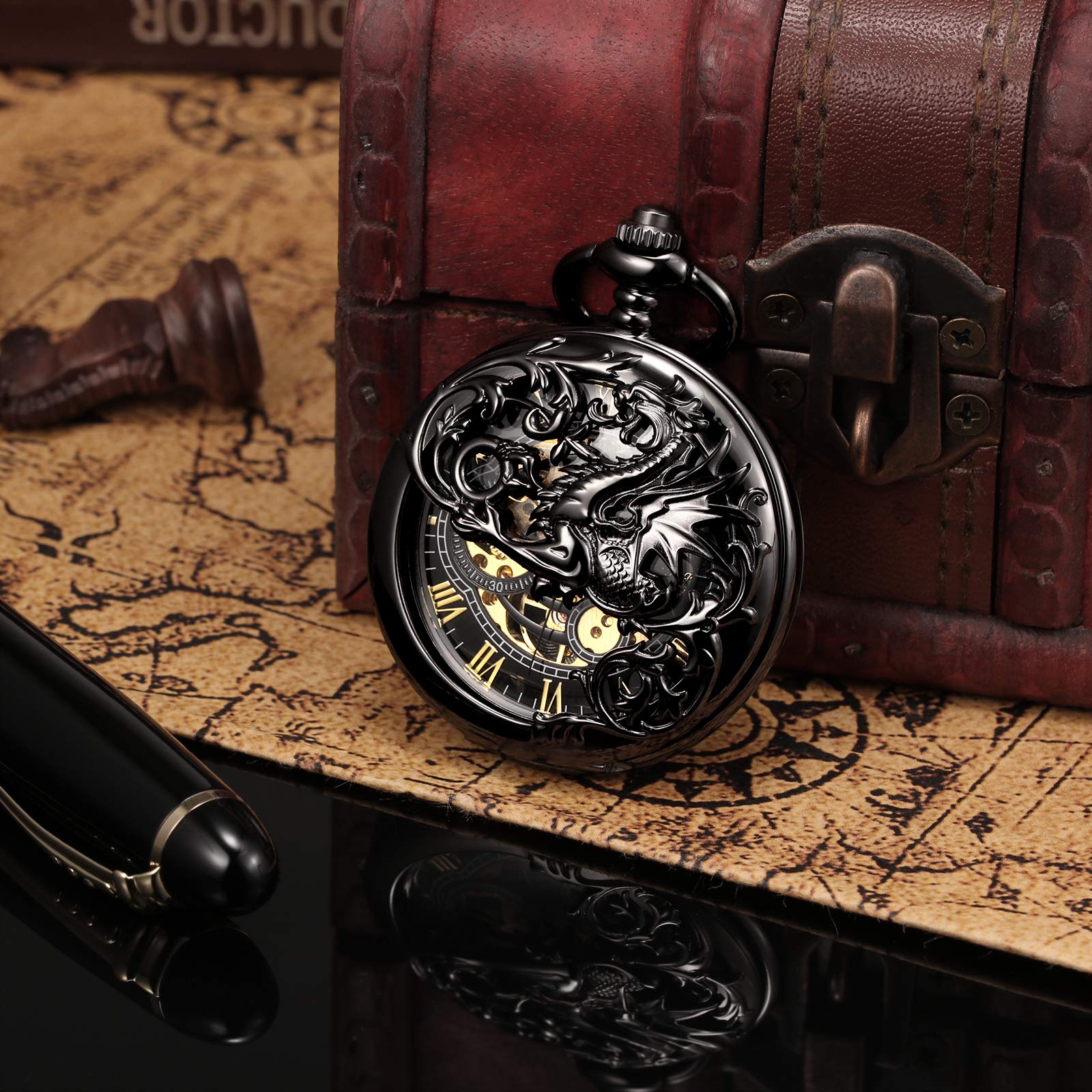 Treewo Montre de Poche Unisexe avec chaîne et rehausseur à Main analogique avec Double charnière et Squelette en Bronze