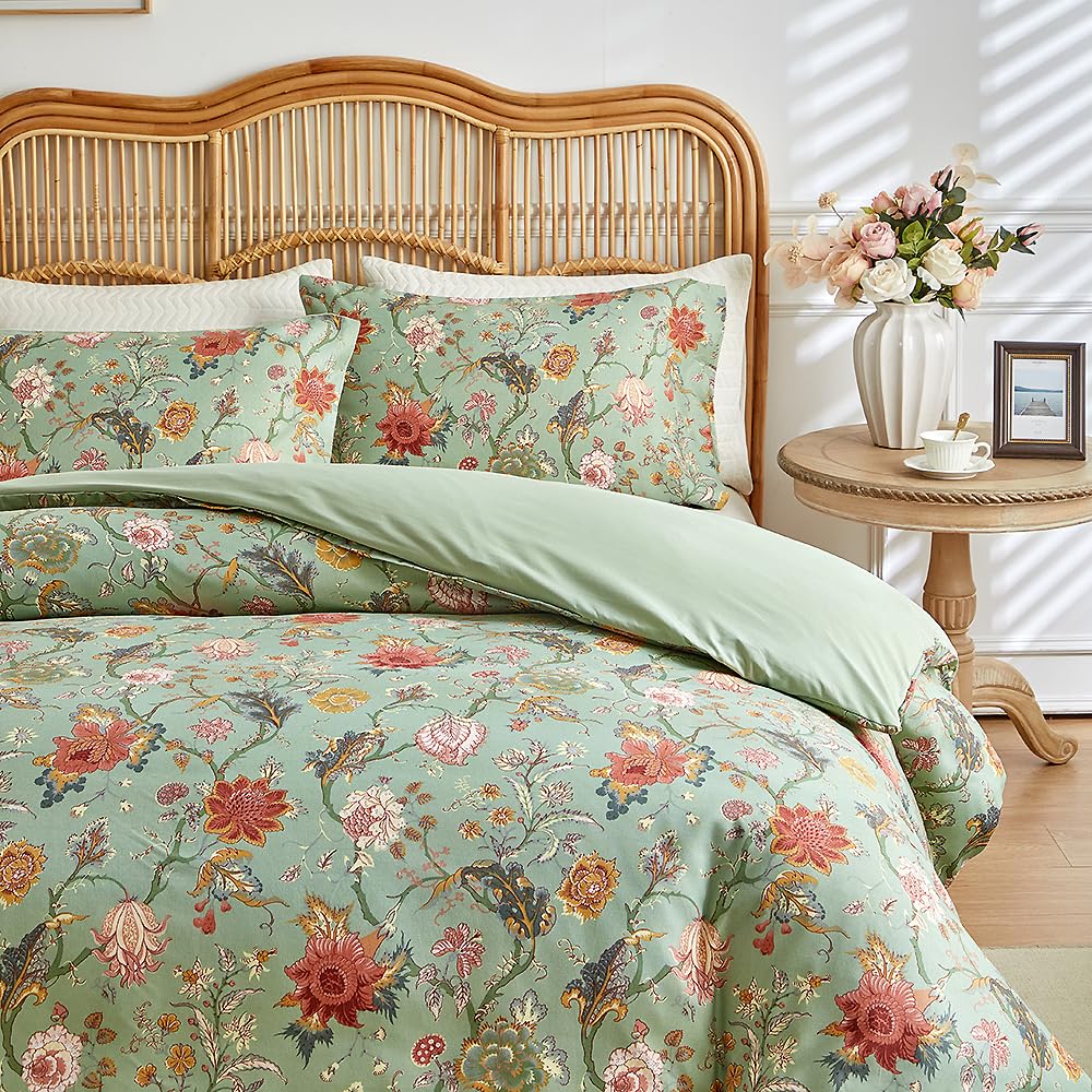 Freyamy Grün Bettwäsche 200x220,Exotisch Bunt Blumen Bettwäsche-Sets 3tlg,Luxus Botanisch Wende Bettwäsche Weich Gewaschene Mikrofaser Bettbezug mit Reißverschluss und 2 Kissenbezüge 80x80cm