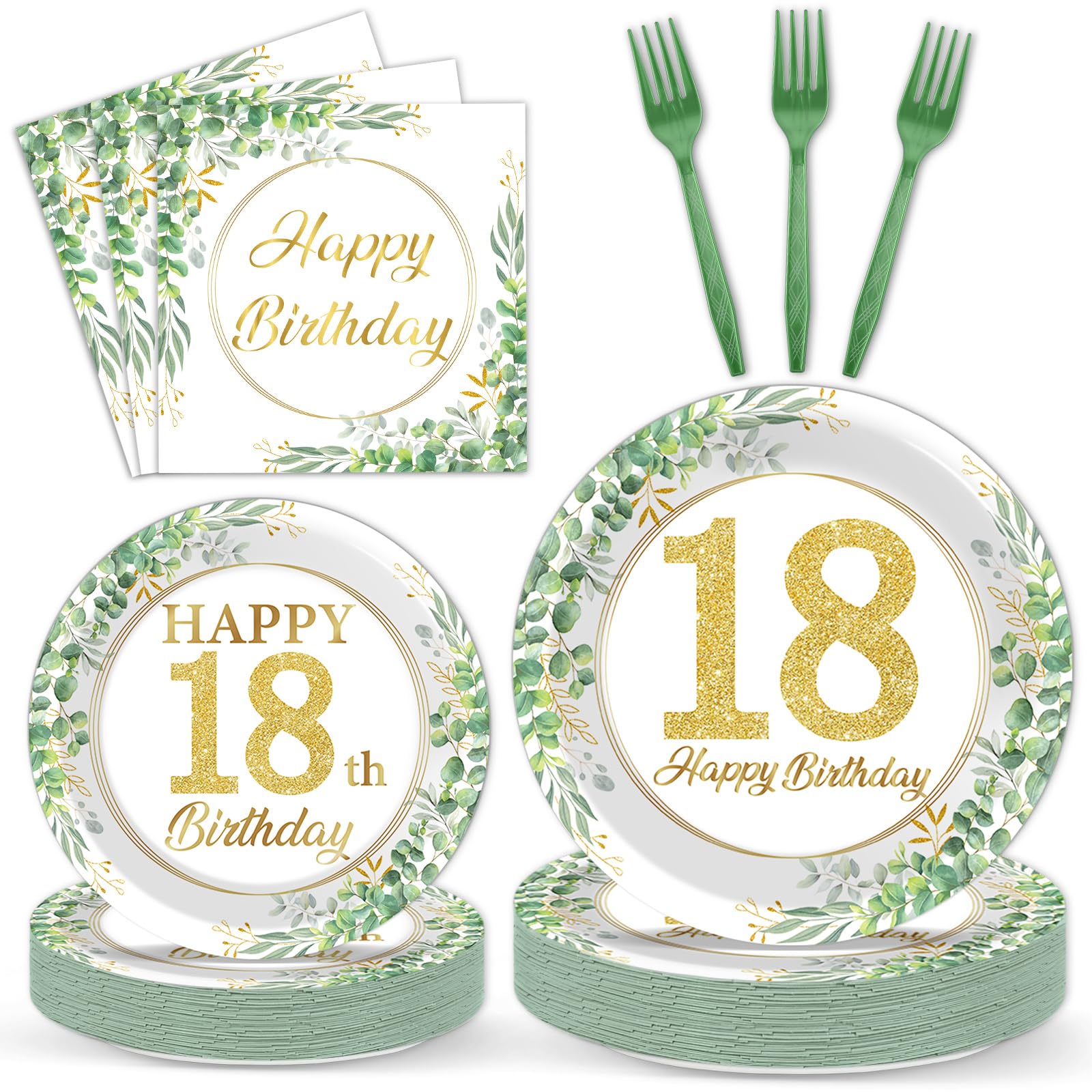 Qyeahkj 100Pcs Sage Green Eucalyptus Tableware Set