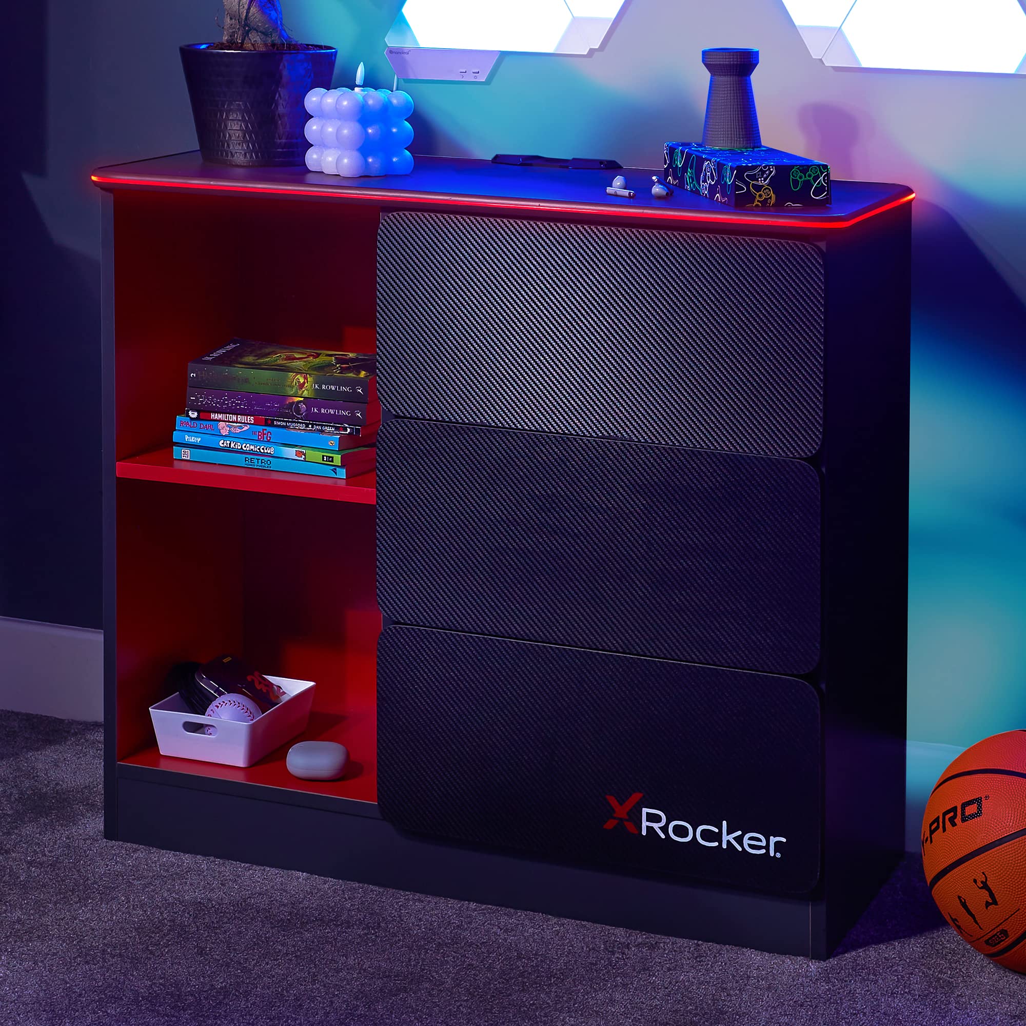 X-Rocker Carbon-Tek 70cm Width, RGB LED Chest of Drawers - Neo Fibre Lighting, 3 Drawer, 2 Open Shelves, Durable Wooden Frame for Kids & Teens - Grey & Red — image 1