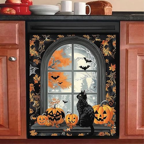 Calcomanía magnética para lavavajillas con diseño de calabaza y gato negro con diseño de murciélago y luna llena, para lavavajillas, panel para