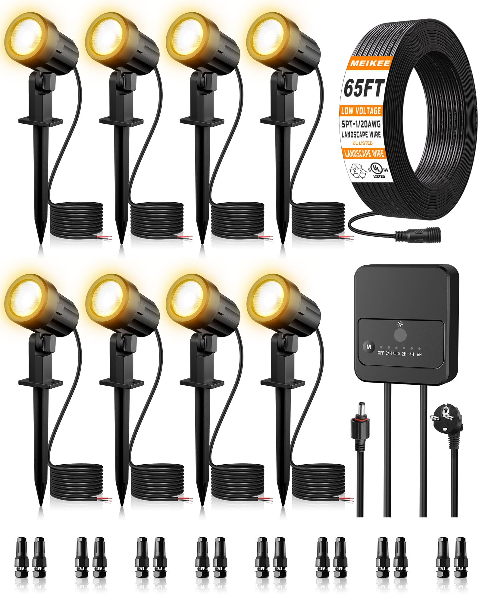 MEIKEE Gartenbeleuchtung Warmweiß 3 W 330 LM 12 V–24 V LED-Strahler 8 Stück | Gartenstrahler mit Transformator, Anschlüssen, 20 m Kabel, EU-Stecker, wasserdicht nach IP66 für Gartenwege, Innenhöfe, Bäume