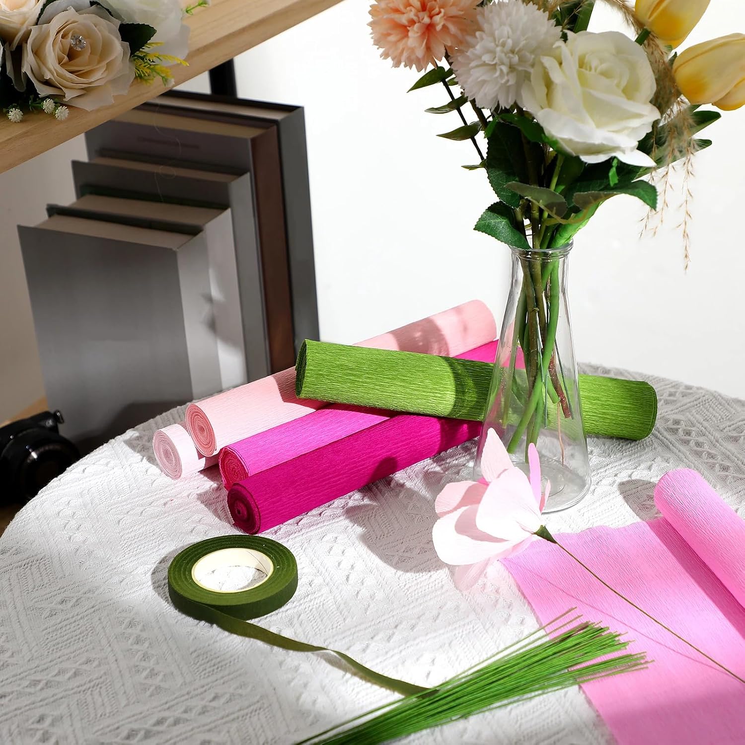 Gersoniel 57 Pcs Crepe Paper Flower DIY Kits 6 Rolls 35g Papel Crepe Sheets 50 Pcs Floral Iron Wire 10 Inch x 8 Feet 1 Roll 50 Meter for Birthday Party Wedding(Pink and Green Series)