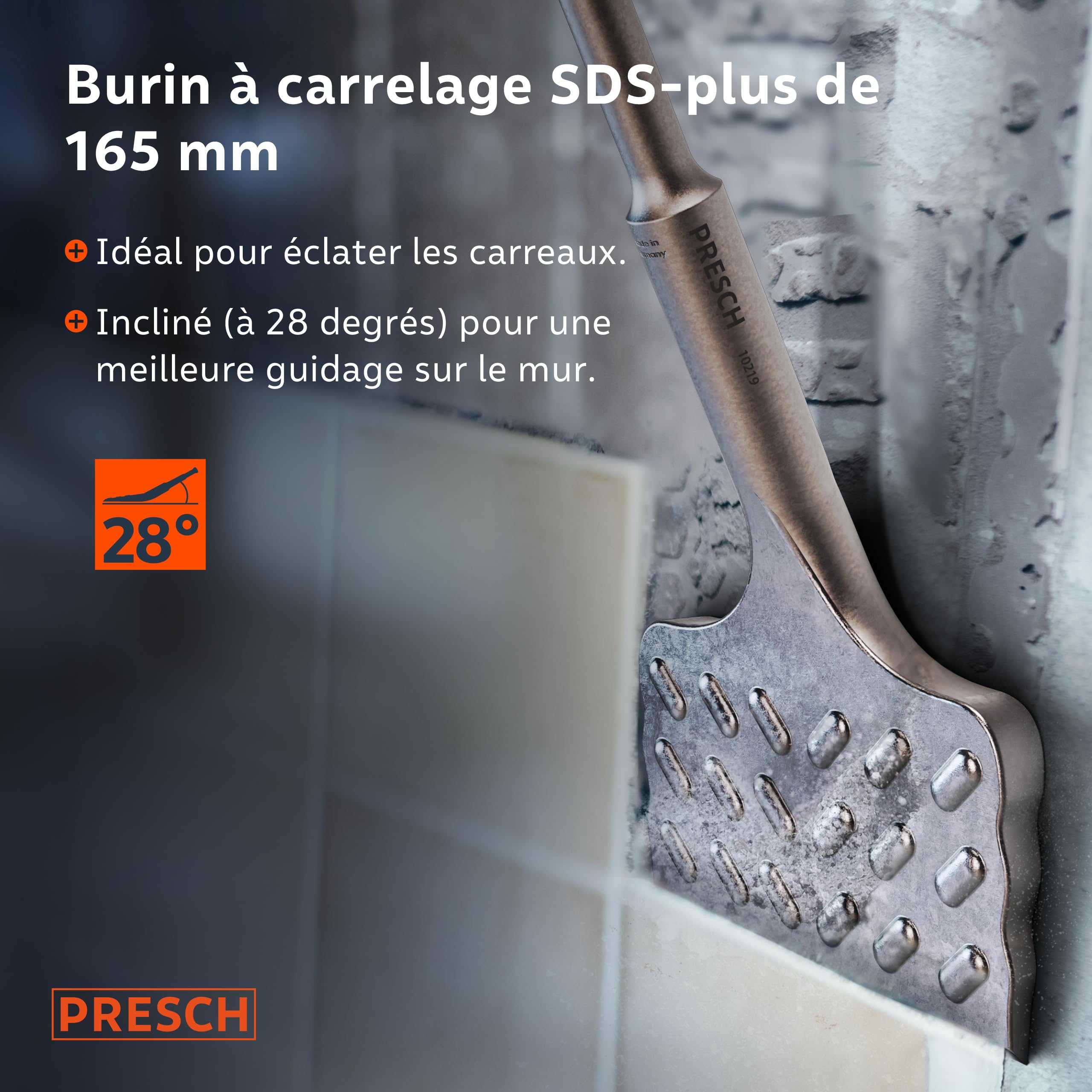 PRESCH SDS plus Burin à carrelage - Extra large (75mm) - Extrêmement durable - Coudé pour faciliter l'enlèvement des carreaux (longueur 165 mm) - En acier haute performance