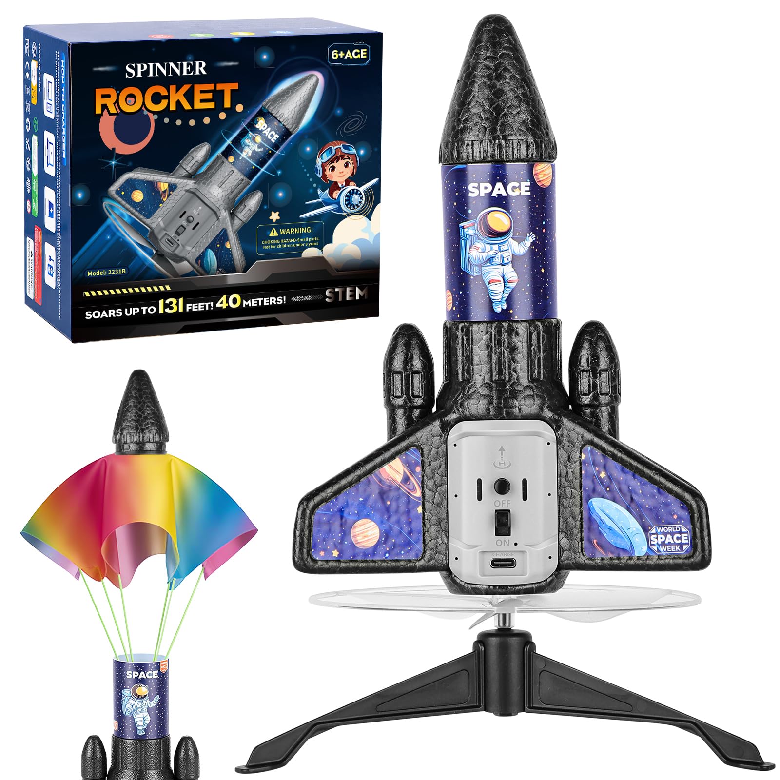 Teoryoeer Rocket Launcher for Kids - Electric Rocket with Parachute & LED Lights, Launch Up to 200ft, Rechargeable Auto-Launch Space Rocket Toy, Outdoor Toys Gift for 3+ Years Old Boys & Girls