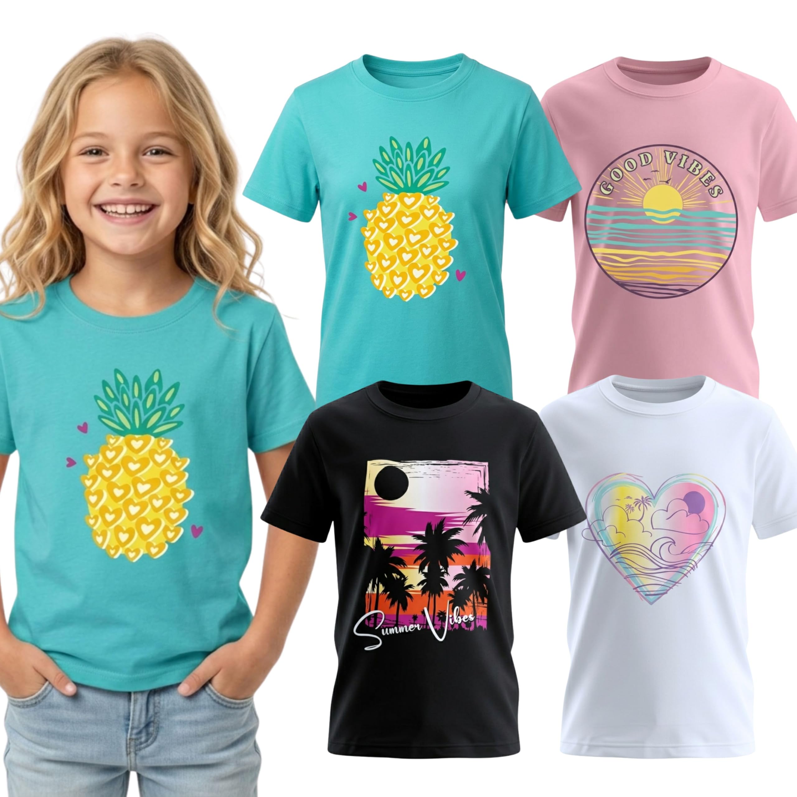 MISS POPULAR Superweiche Kurzarm-T-Shirts für Mädchen, Regenbogen-Schmetterling, Glitzer-Druck, niedliches Design, Größen 7–16, 4er-Pack