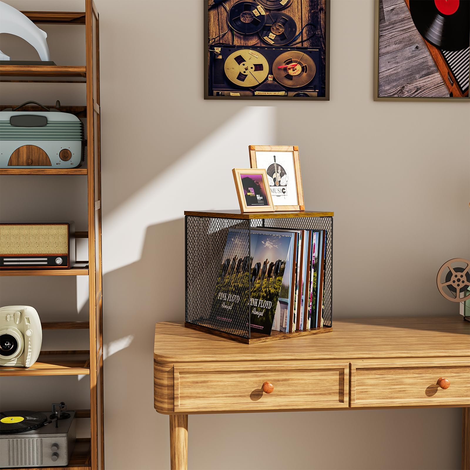 Honkazita 1 mueble de almacenamiento de discos de vinilo | Modular apilable, capacidad de álbum de vinilo 40-55, visualización de almacenamiento, caja organizadora de madera natural
